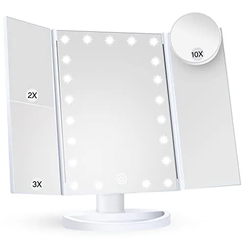 Makeup Mirror Vanity Mirror with Lights, 2X 3X 10X Magnification, Lighted Makeup Mirror, Touch Control, Trifold Makeup Mirror, Dual Power Supply, Portable LED Makeup Mirror, Women Gift (White 10X)