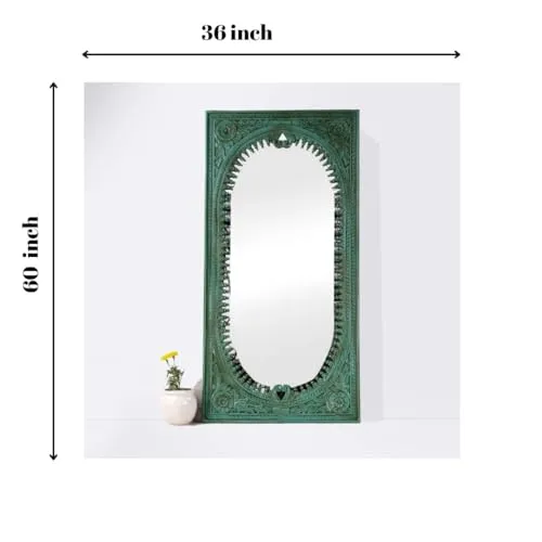 Manju Art Creations Handcrafted Wood Carved Green Spindle Design Mirror Frame in Mango Wood with Green Distress Finish | Elevate Your Living Room and Bedroom Decor with Premium Wall Mirrors