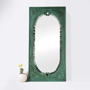 Manju Art Creations Handcrafted Wood Carved Green Spindle Design Mirror Frame in Mango Wood with Green Distress Finish | Elevate Your Living Room and Bedroom Decor with Premium Wall Mirrors