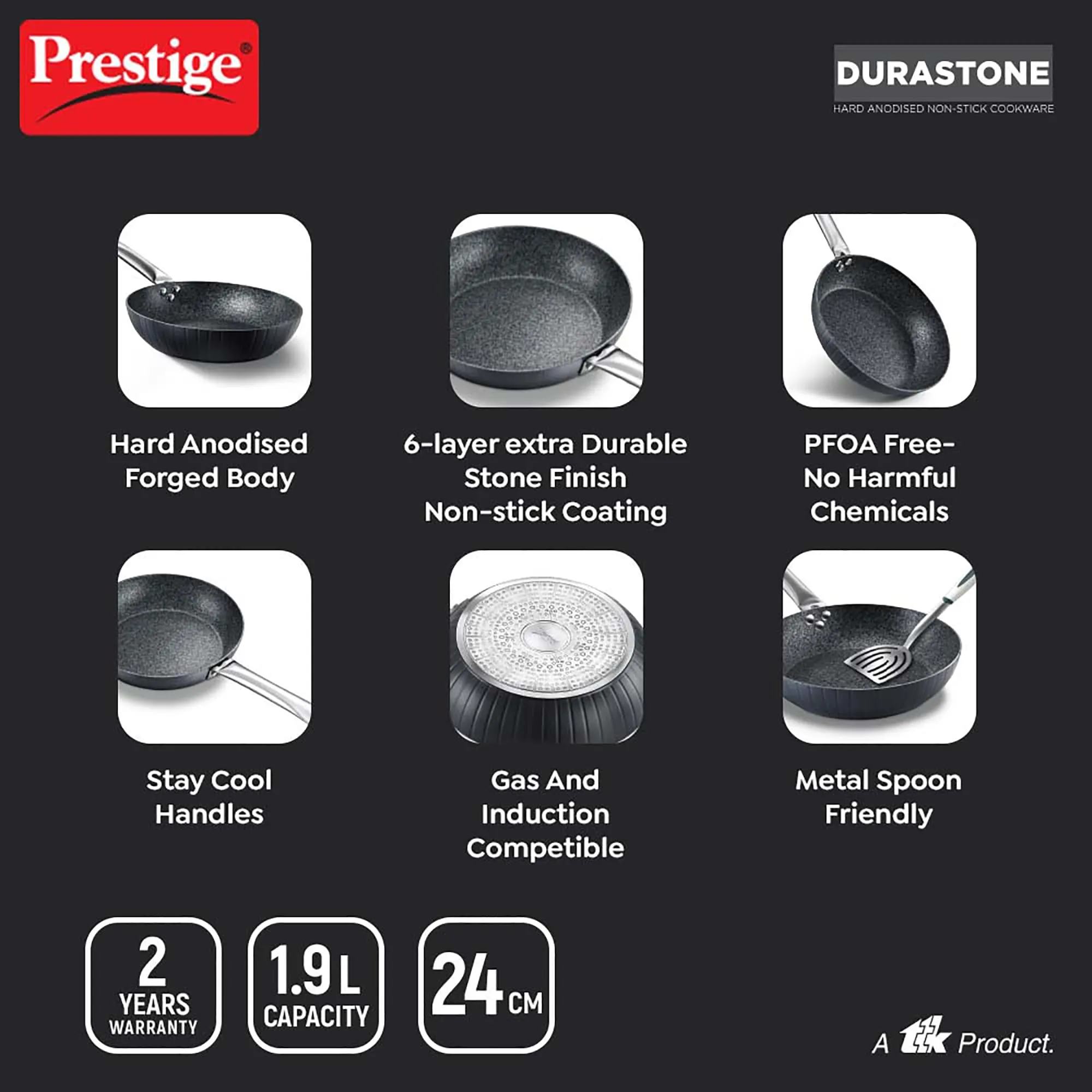 Prestige Durastone Hard Anodised 6 Layer Non-Stick Fry Pan 24 cm, 1.9 Litre|Black|Non-Stick Coating|Stainless Steel Stay Cool Handles|Induction & Gas Compatible|2 Years Warranty