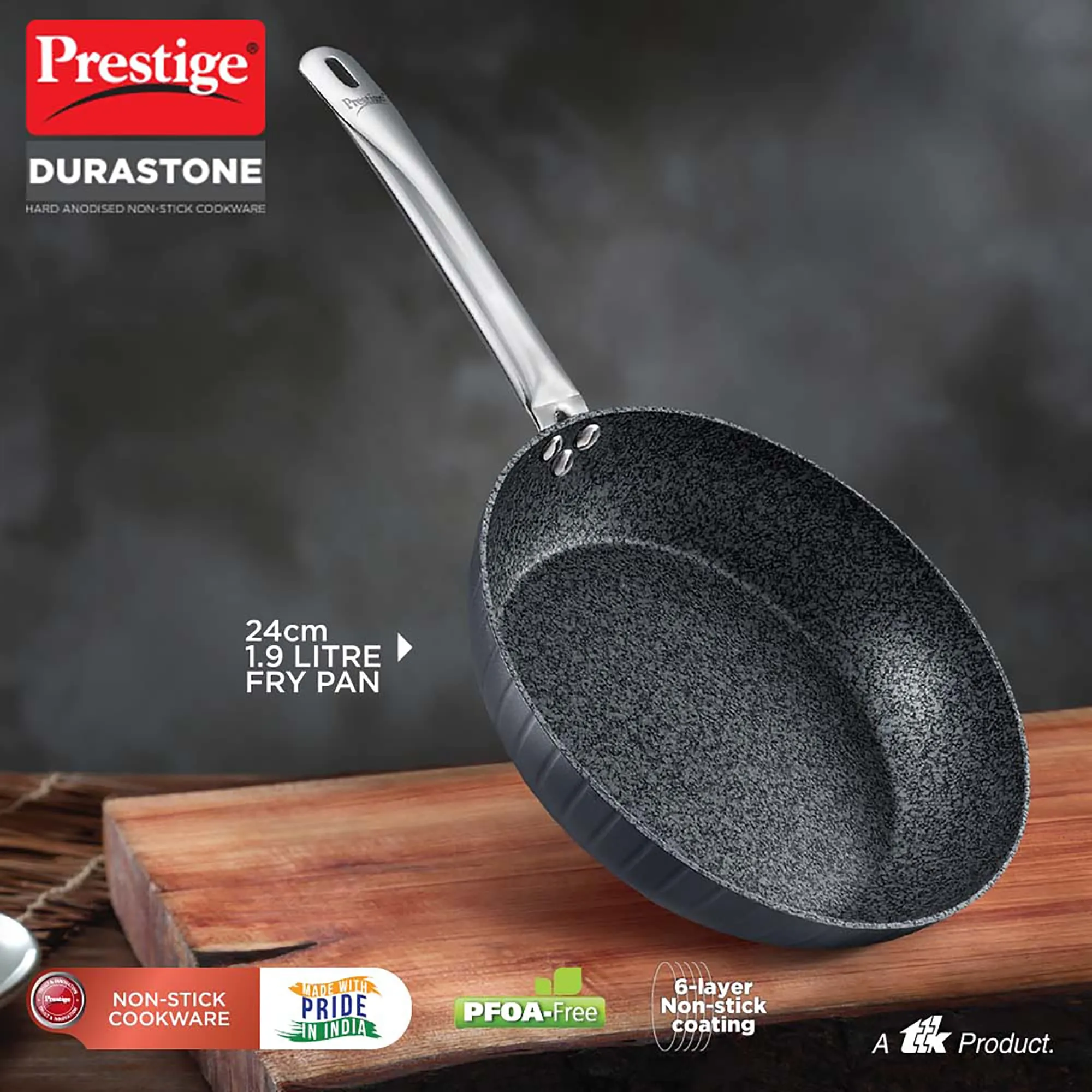 Prestige Durastone Hard Anodised 6 Layer Non-Stick Fry Pan 24 cm, 1.9 Litre|Black|Non-Stick Coating|Stainless Steel Stay Cool Handles|Induction & Gas Compatible|2 Years Warranty