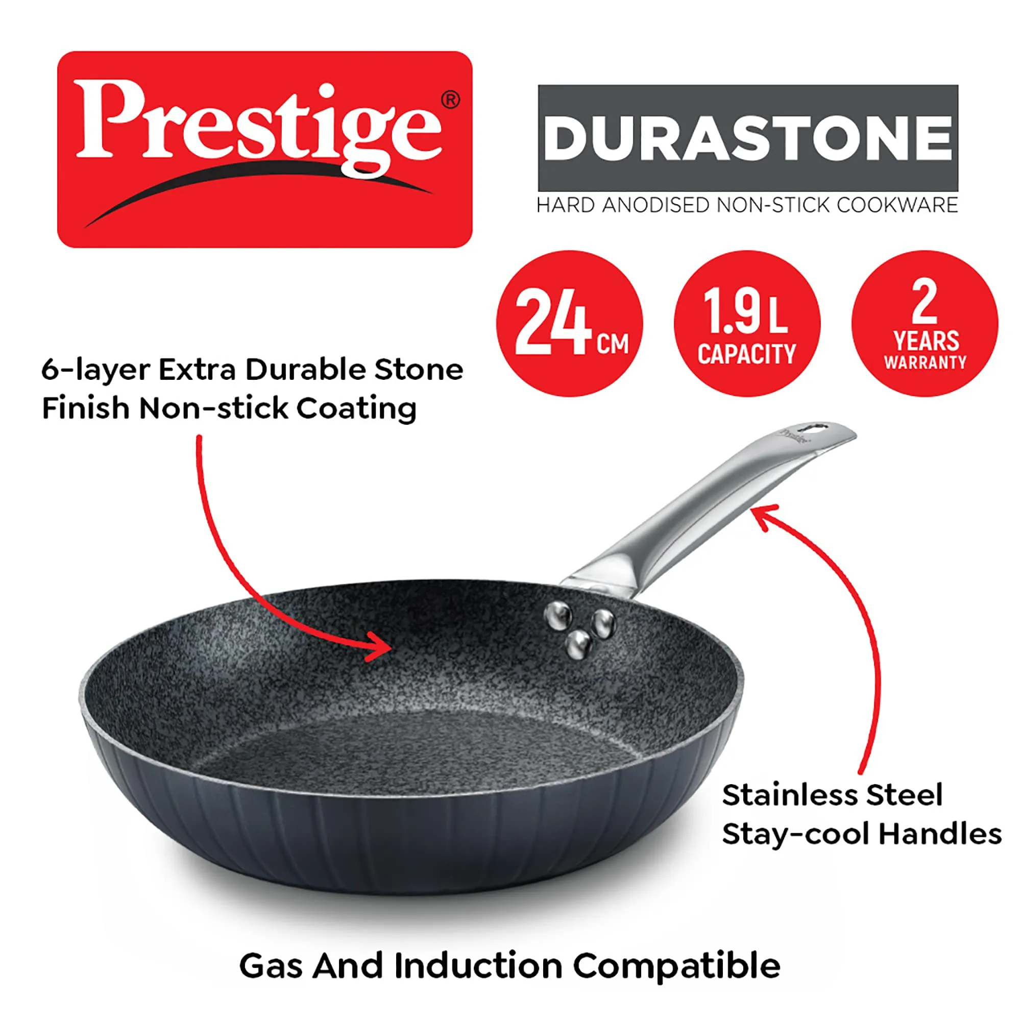 Prestige Durastone Hard Anodised 6 Layer Non-Stick Fry Pan 24 cm, 1.9 Litre|Black|Non-Stick Coating|Stainless Steel Stay Cool Handles|Induction & Gas Compatible|2 Years Warranty