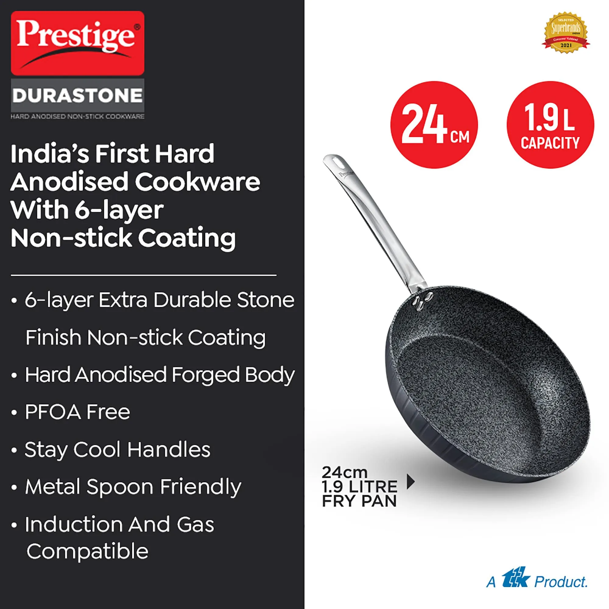 Prestige Durastone Hard Anodised 6 Layer Non-Stick Fry Pan 24 cm, 1.9 Litre|Black|Non-Stick Coating|Stainless Steel Stay Cool Handles|Induction & Gas Compatible|2 Years Warranty