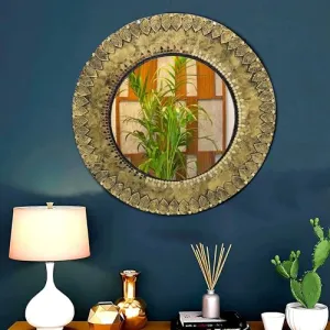 PRISHA'S ART STUDIO Lippan Art Round Wall Mirror, Mirror for Living Room, Study Room, Garden, Office, Best for Gift -Metallic Color (20x20 Inch) -MDF Board Frame