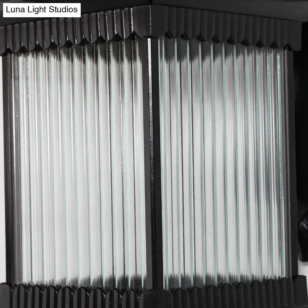 Retro Outdoor LED Wall Lighting: Ribbed Glass Square Solar Wall Light in Black