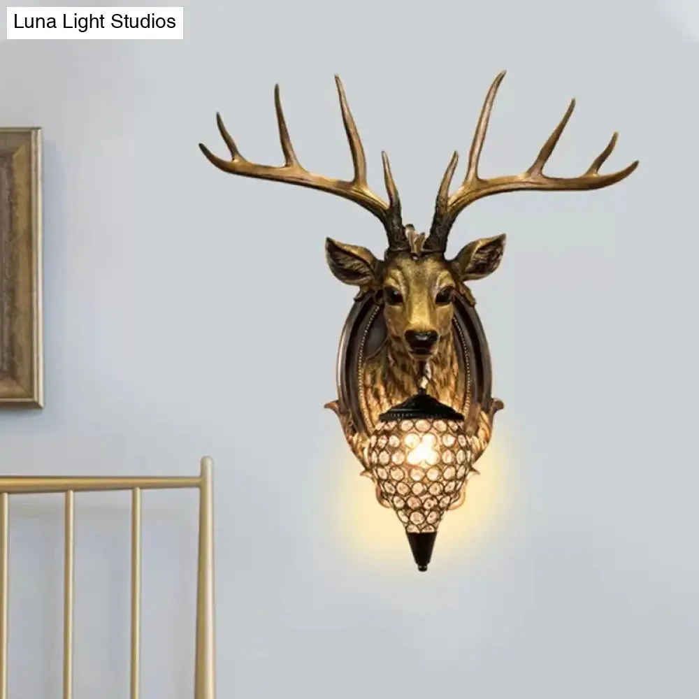 Rustic Resin Deer Wall Light with Crystal Shade - White/Beige/Yellow - 1-Light Living Room Sconce Lamp