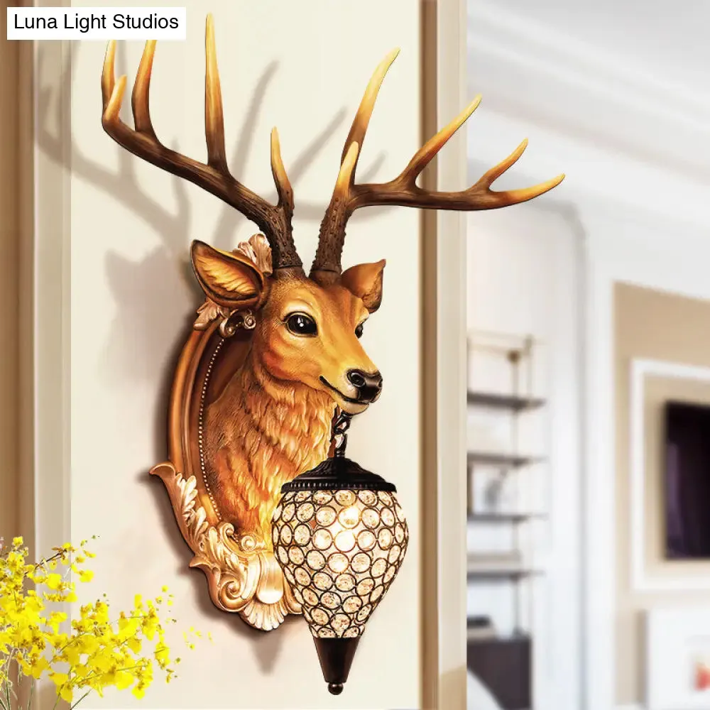 Rustic Resin Deer Wall Light with Crystal Shade - White/Beige/Yellow - 1-Light Living Room Sconce Lamp