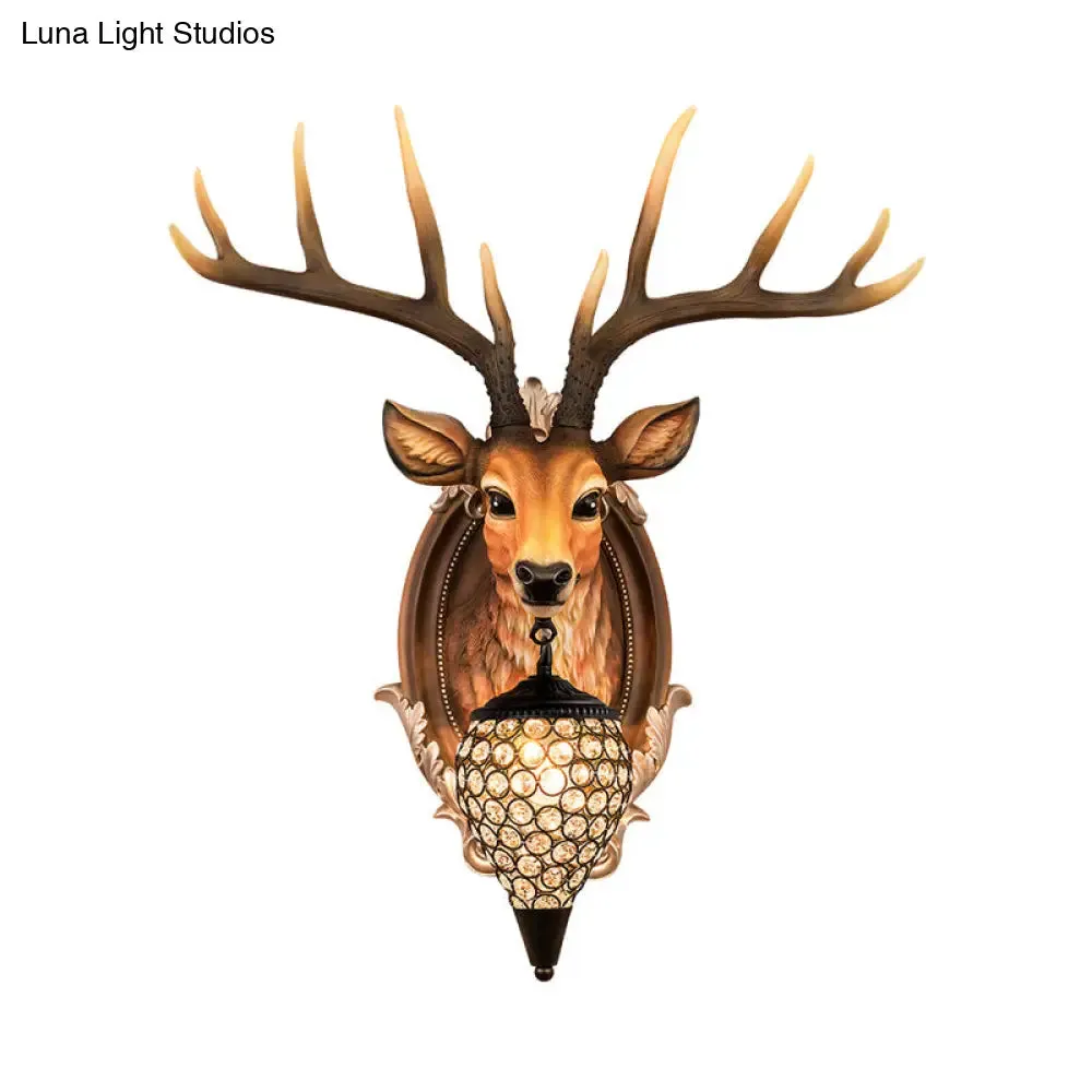 Rustic Resin Deer Wall Light with Crystal Shade - White/Beige/Yellow - 1-Light Living Room Sconce Lamp