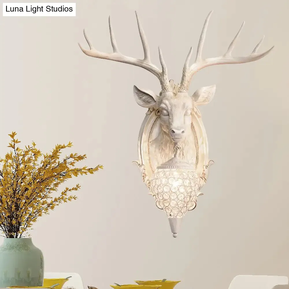 Rustic Resin Deer Wall Light with Crystal Shade - White/Beige/Yellow - 1-Light Living Room Sconce Lamp