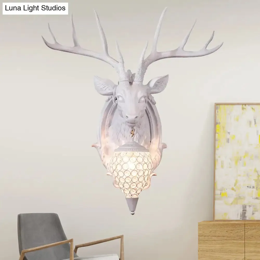 Rustic Resin Deer Wall Light with Crystal Shade - White/Beige/Yellow - 1-Light Living Room Sconce Lamp