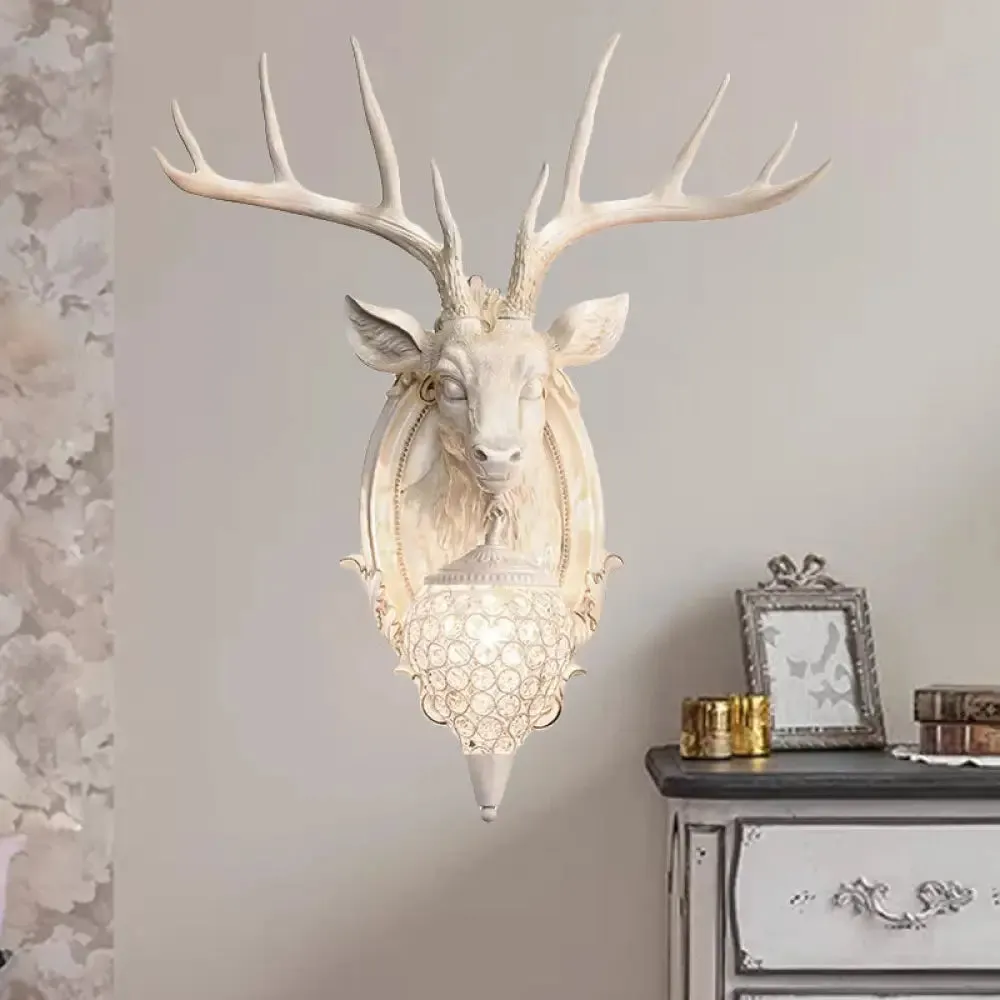 Rustic Resin Deer Wall Light with Crystal Shade - White/Beige/Yellow - 1-Light Living Room Sconce Lamp