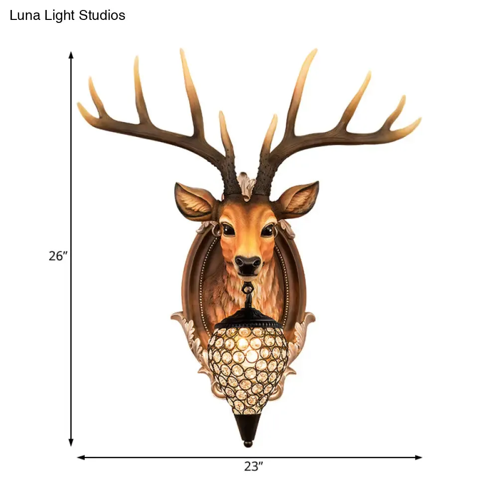 Rustic Resin Deer Wall Light with Crystal Shade - White/Beige/Yellow - 1-Light Living Room Sconce Lamp