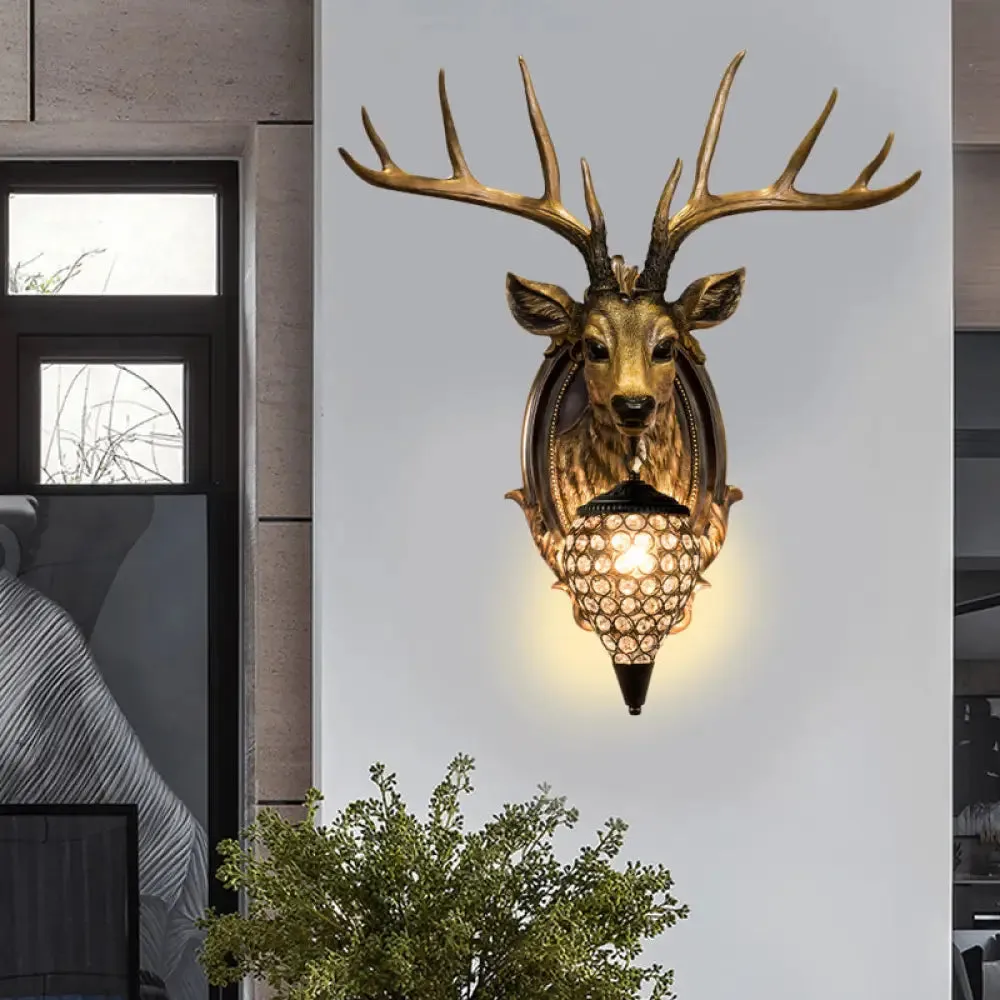 Rustic Resin Deer Wall Light with Crystal Shade - White/Beige/Yellow - 1-Light Living Room Sconce Lamp