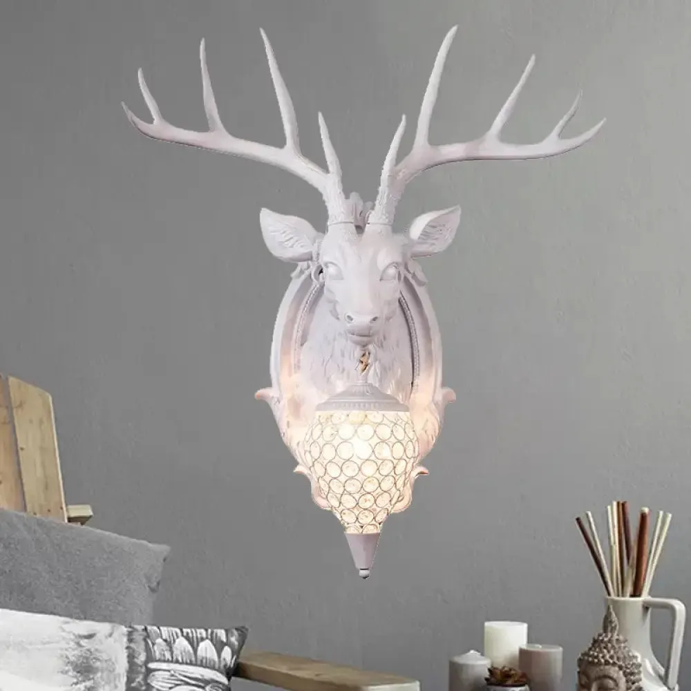 Rustic Resin Deer Wall Light with Crystal Shade - White/Beige/Yellow - 1-Light Living Room Sconce Lamp