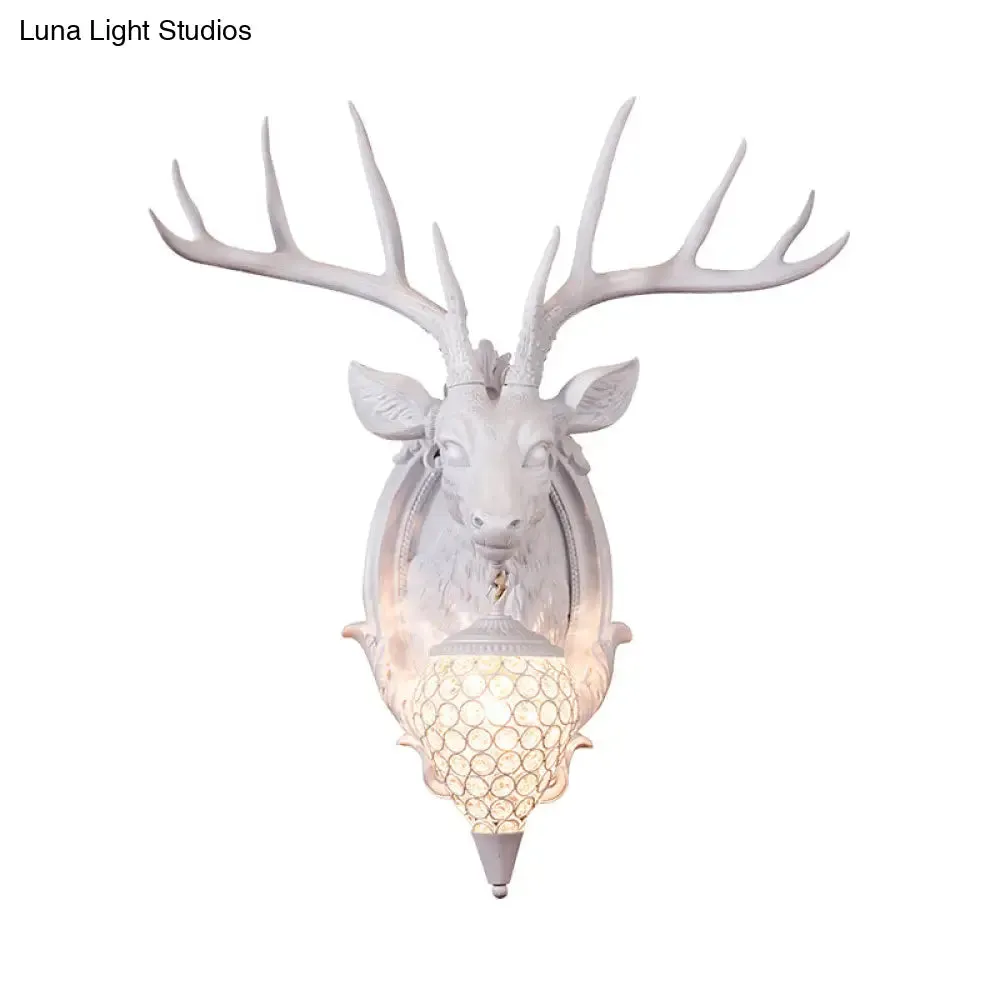 Rustic Resin Deer Wall Light with Crystal Shade - White/Beige/Yellow - 1-Light Living Room Sconce Lamp