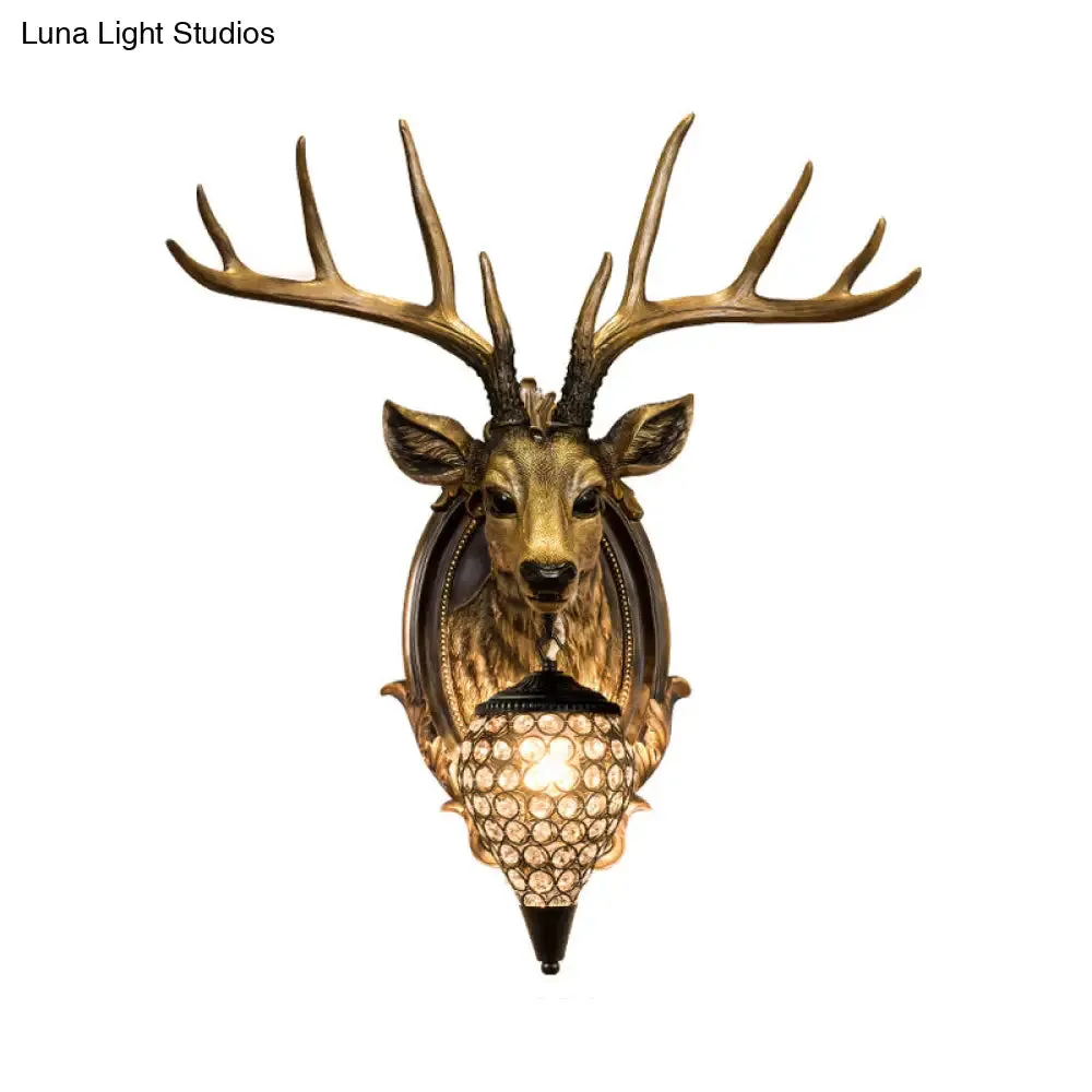 Rustic Resin Deer Wall Light with Crystal Shade - White/Beige/Yellow - 1-Light Living Room Sconce Lamp