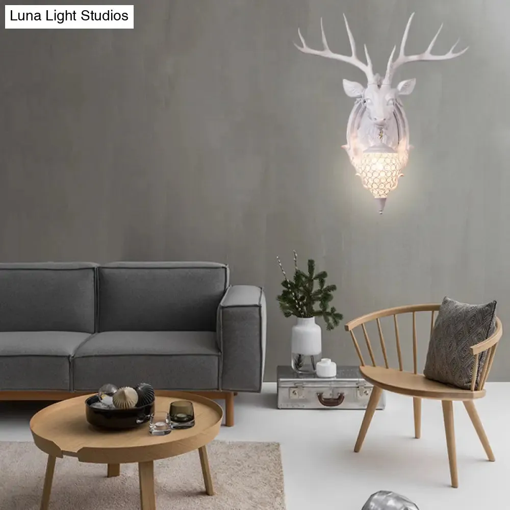 Rustic Resin Deer Wall Light with Crystal Shade - White/Beige/Yellow - 1-Light Living Room Sconce Lamp