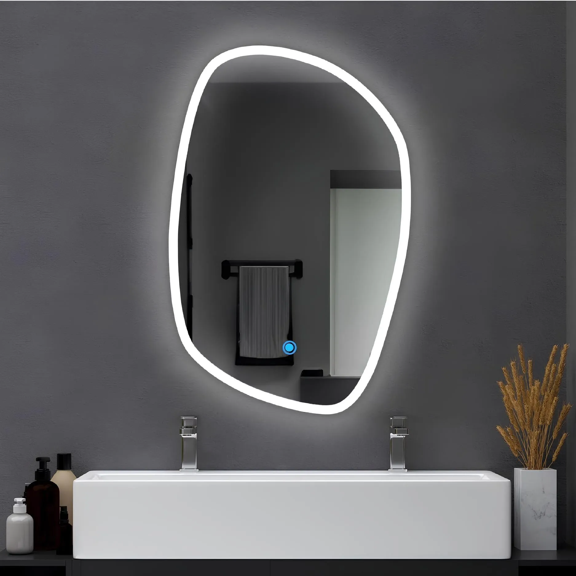 SANIF® Led Mirror Rectangle Design Modern Glass Bathroom Mirror with 3 Color Light-Wall Mounted Backlit (Warm, White and Natural Lights, 18x24)