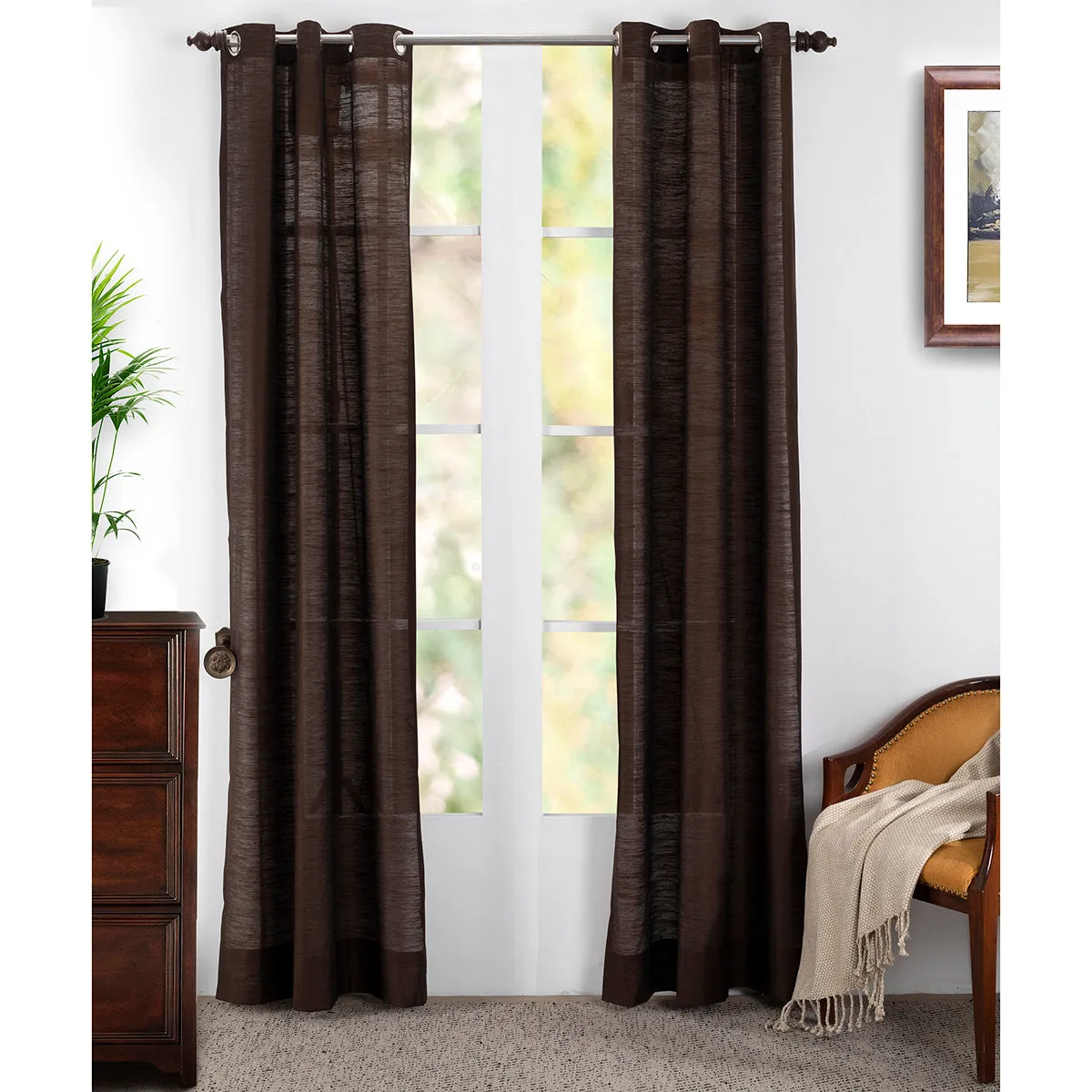 Silky Sillion Solid 2PC Brown Curtain Set