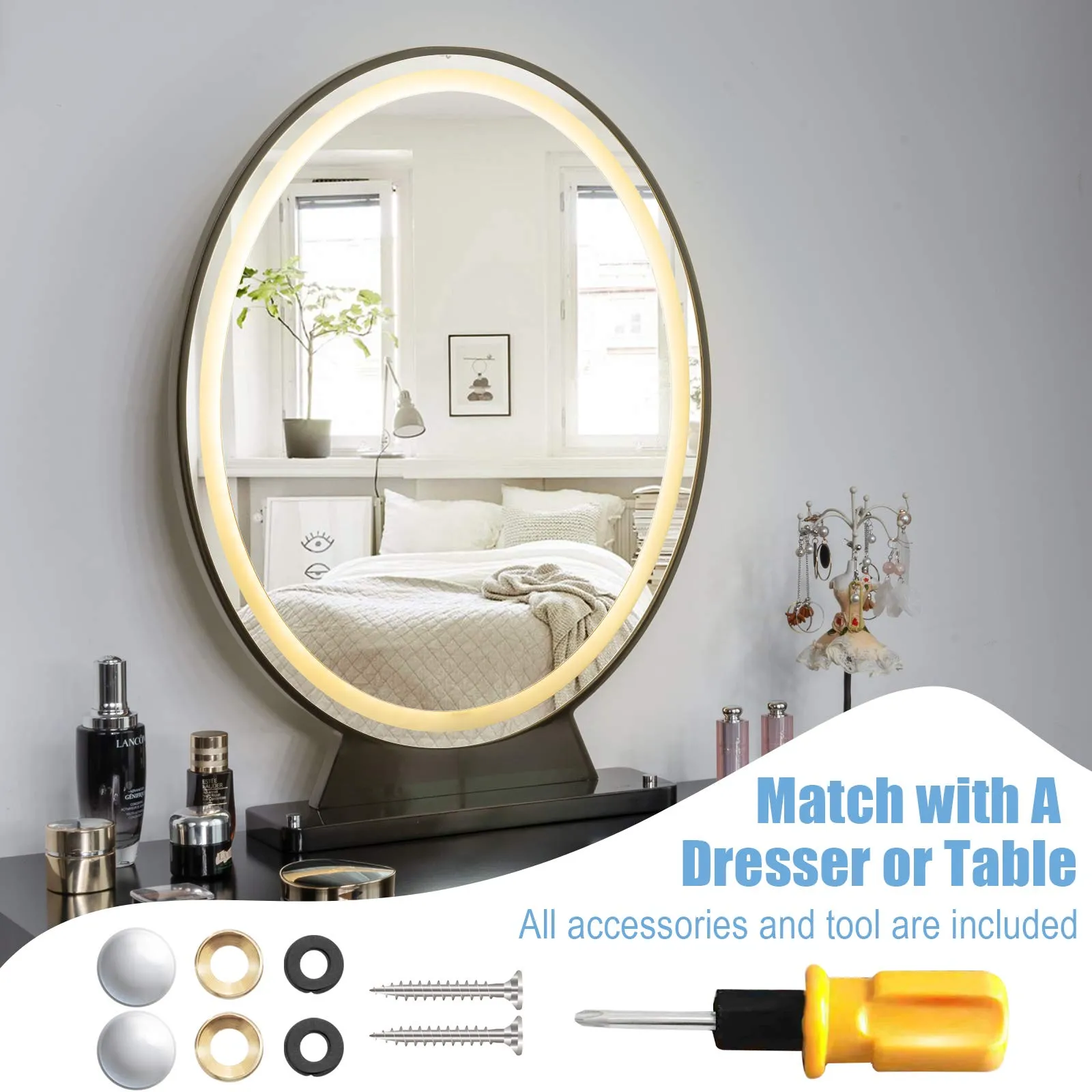 Tangkula Vanity Makeup Mirror with Lights, Round HD Lighted Mirror w/Remote Control