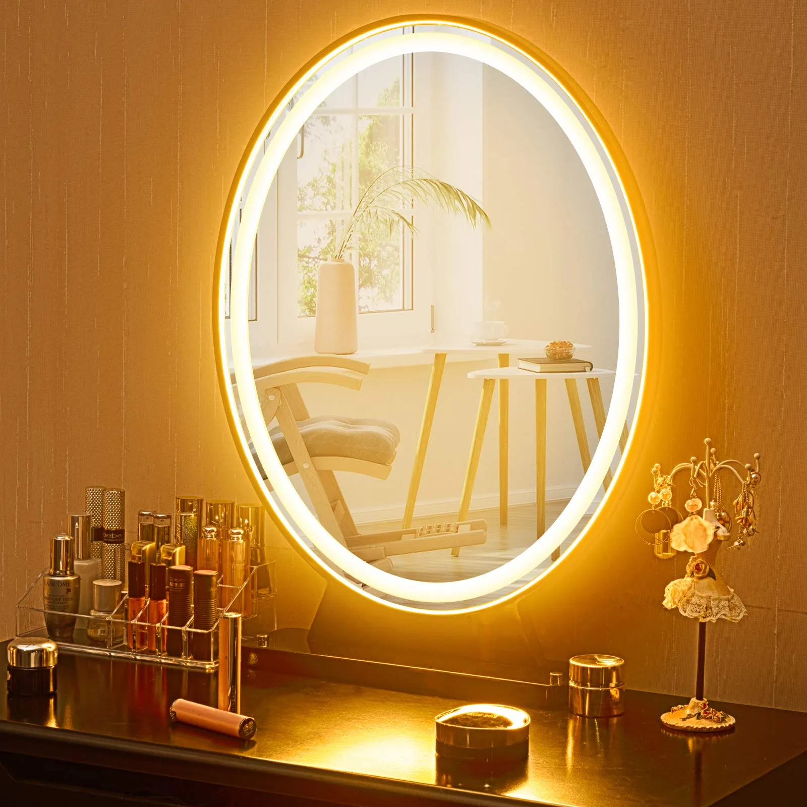 Tangkula Vanity Makeup Mirror with Lights, Round HD Lighted Mirror w/Remote Control