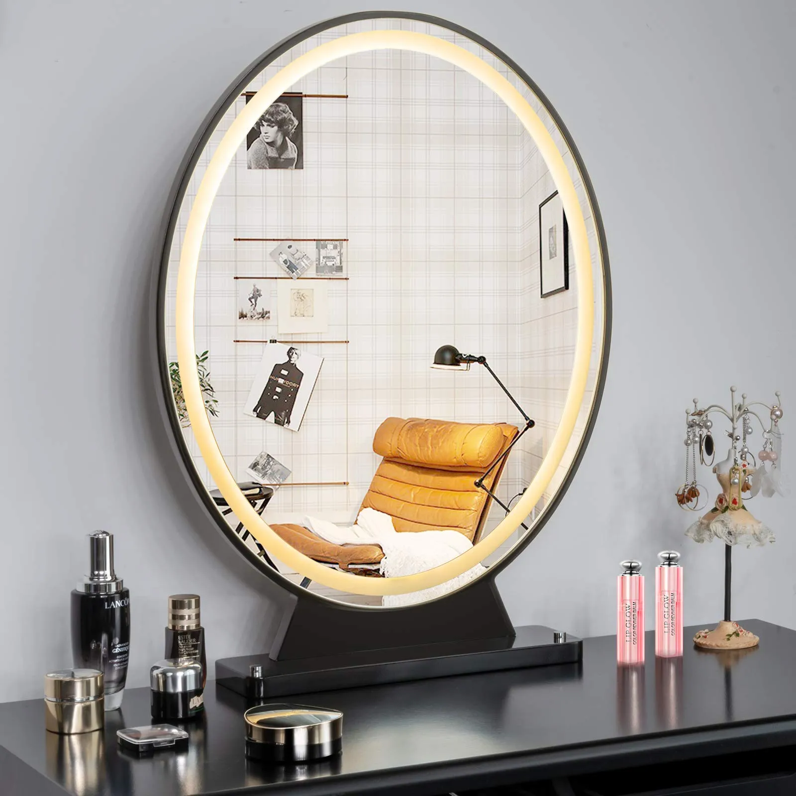 Tangkula Vanity Makeup Mirror with Lights, Round HD Lighted Mirror w/Remote Control