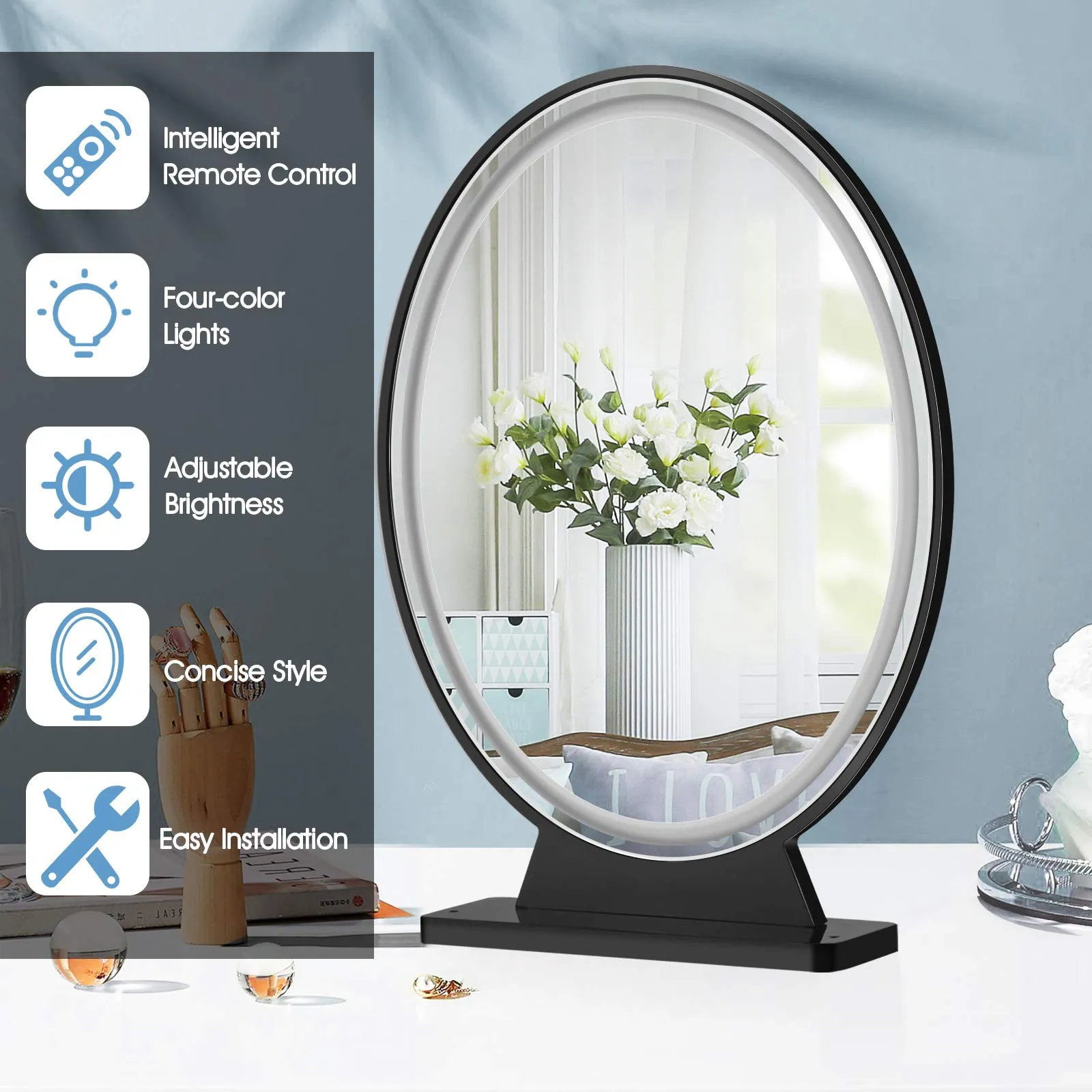 Tangkula Vanity Makeup Mirror with Lights, Round HD Lighted Mirror w/Remote Control