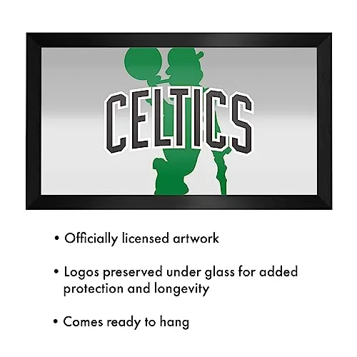 Trademark Global Wall Mirror - Ready-to-Hang Boston Celtics Fade Black Framed Rectangle Mirror - for Pub, Game Room, Garage or Home Bar