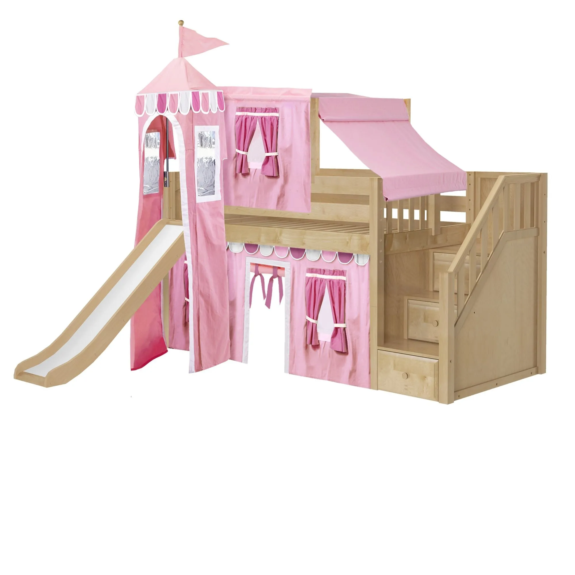 Twin Low Loft Bed with Stairs, Slide, Top Tent, Underbed Curtain and Slide Tower