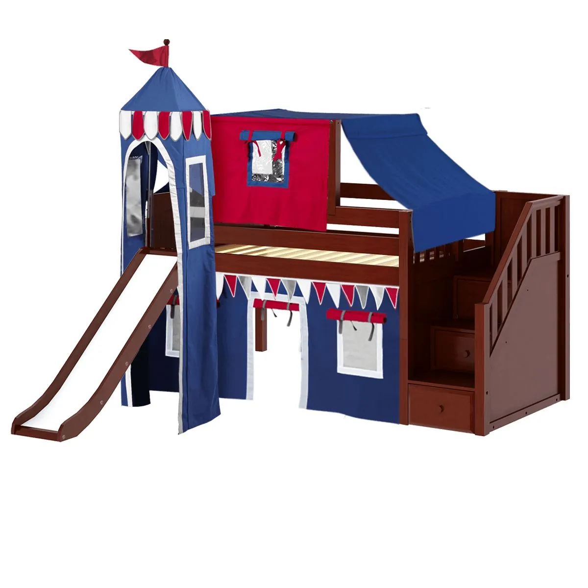 Twin Low Loft Bed with Stairs, Slide, Top Tent, Underbed Curtain and Slide Tower