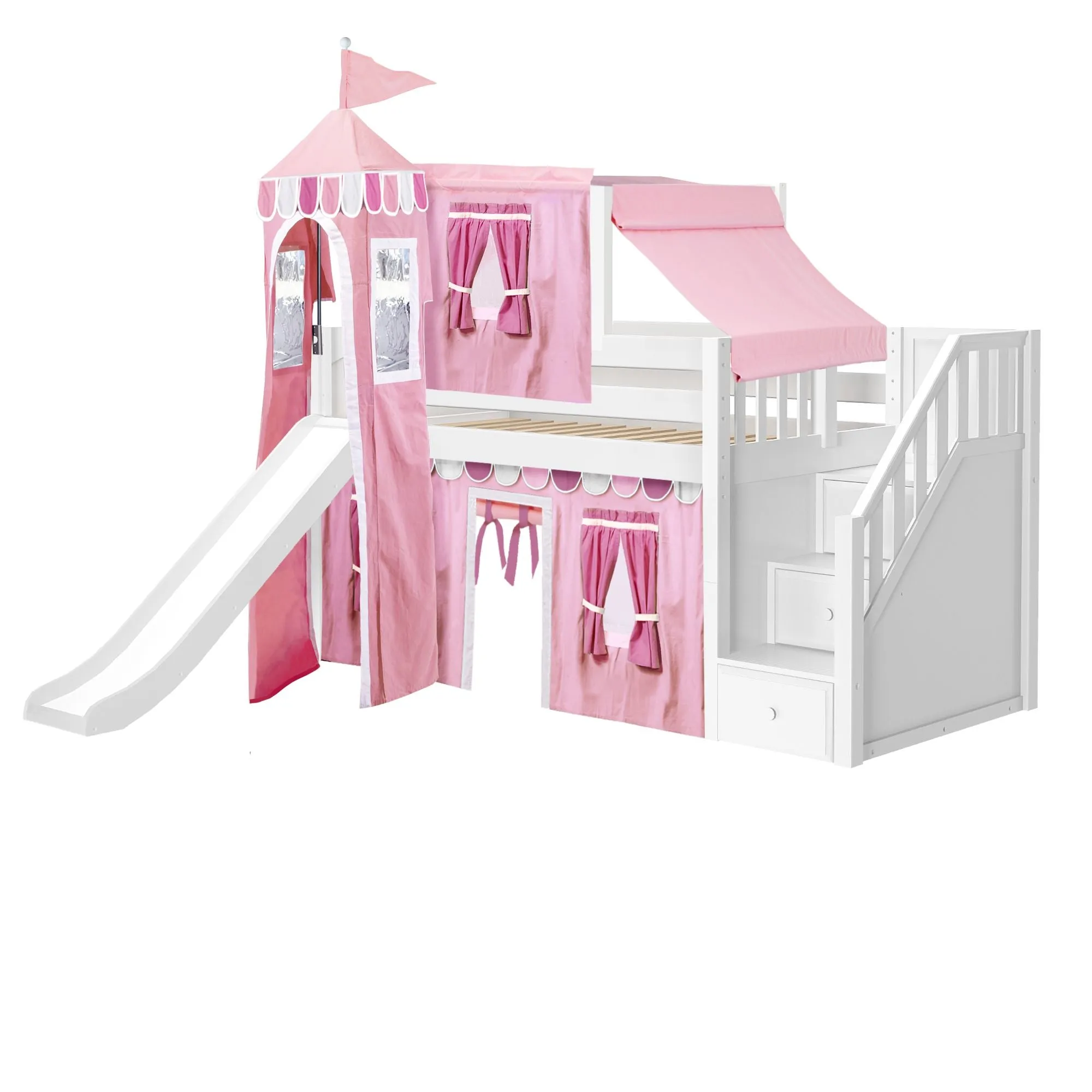 Twin Low Loft Bed with Stairs, Slide, Top Tent, Underbed Curtain and Slide Tower