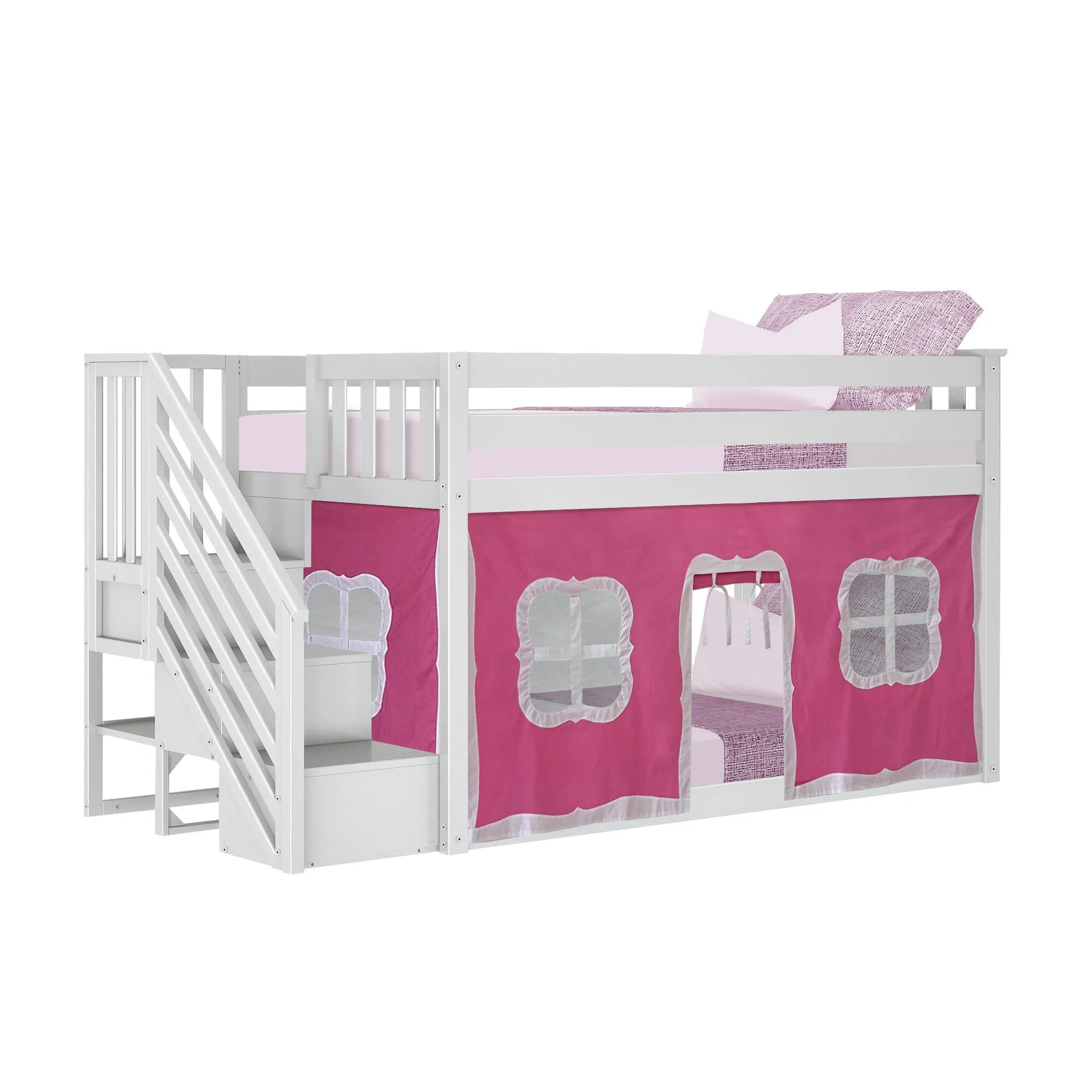 Twin Over Twin Low Bunk Bed With Curtain & Stairs