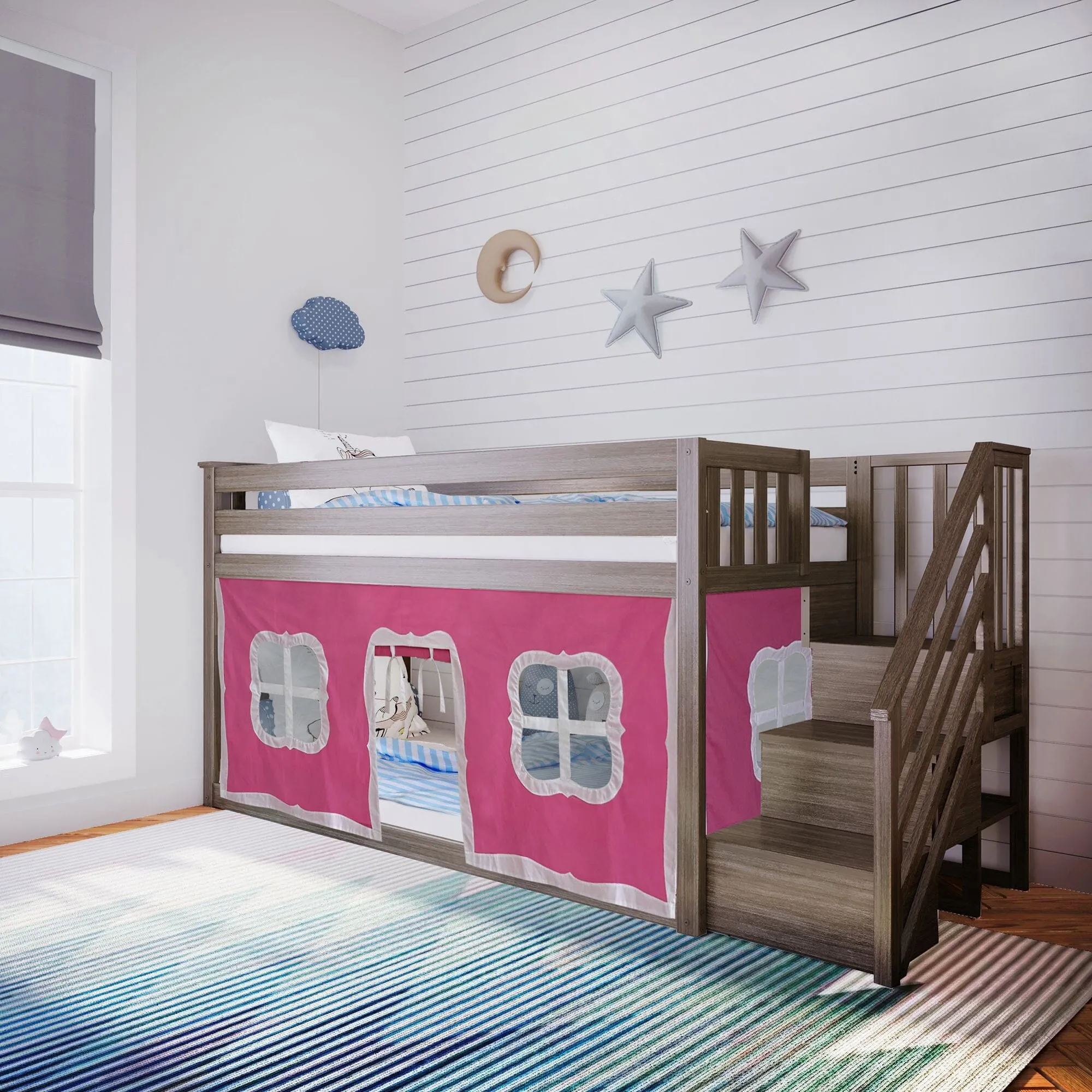 Twin Over Twin Low Bunk Bed With Curtain & Stairs