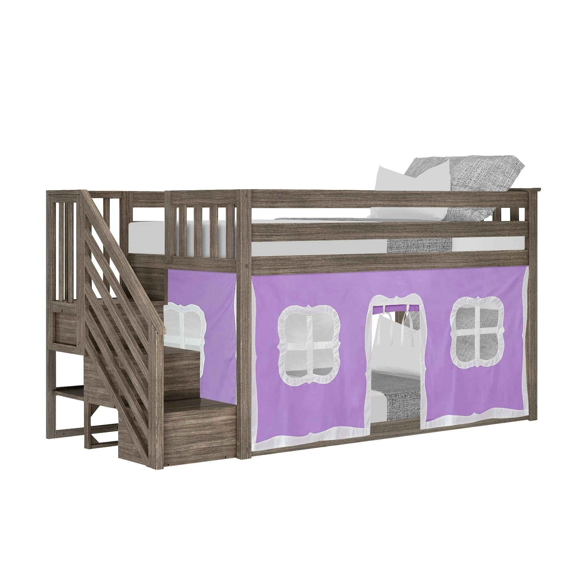 Twin Over Twin Low Bunk Bed With Curtain & Stairs