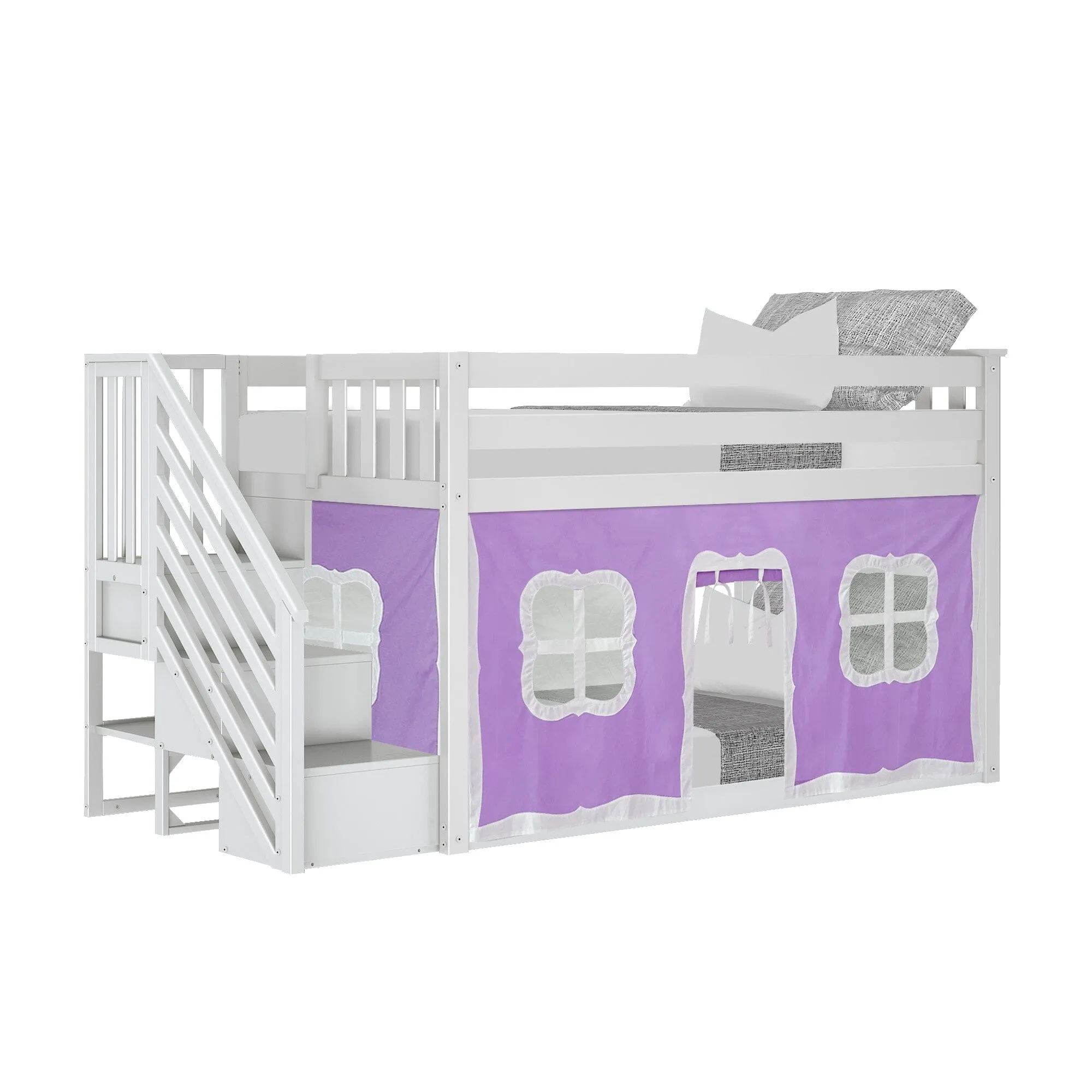 Twin Over Twin Low Bunk Bed With Curtain & Stairs