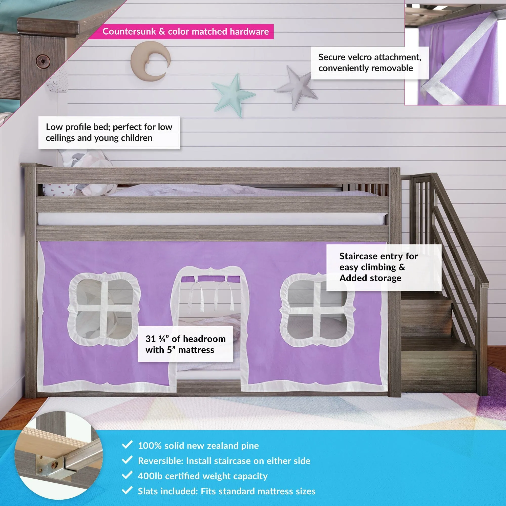 Twin Over Twin Low Bunk Bed With Curtain & Stairs