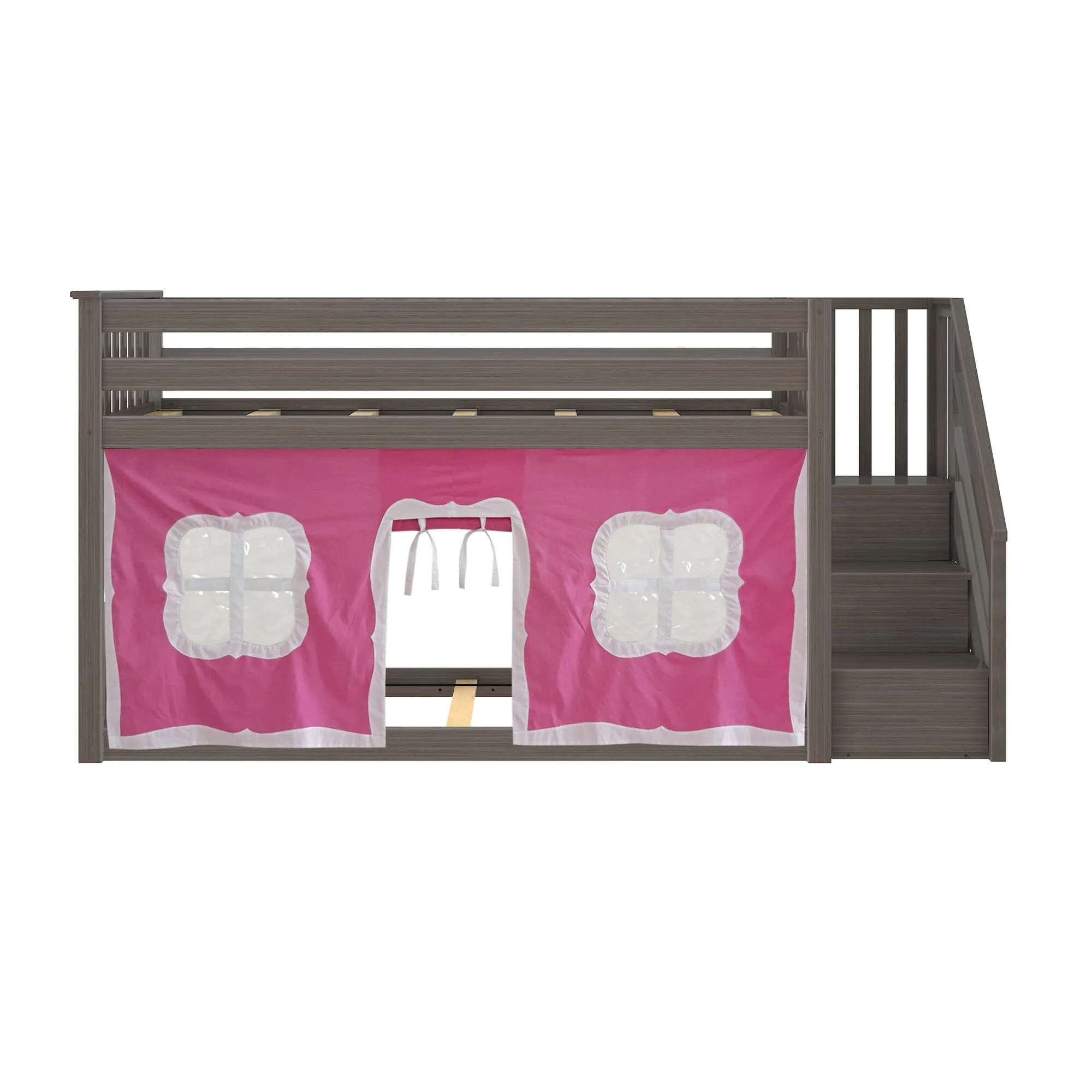 Twin Over Twin Low Bunk Bed With Curtain & Stairs