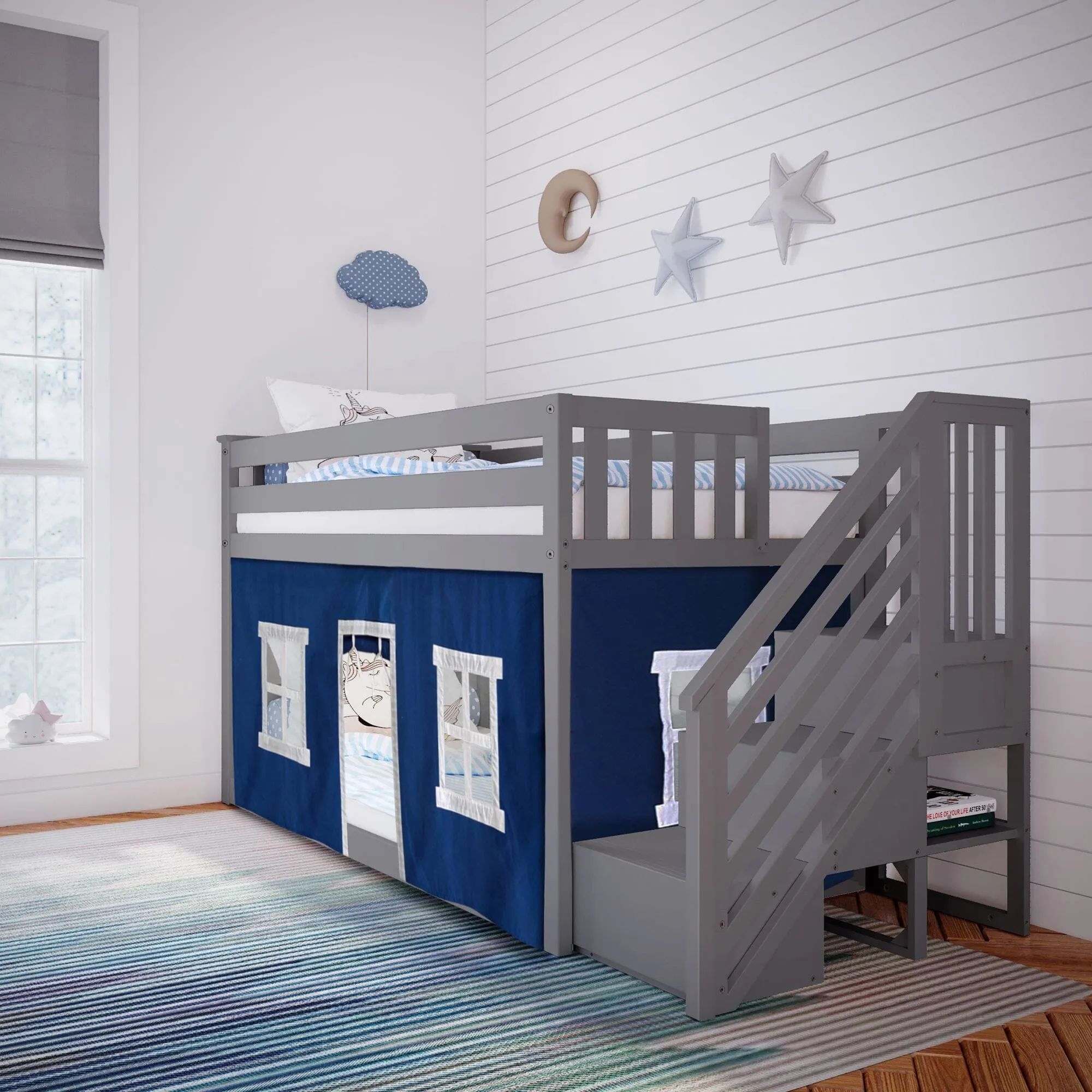 Twin Over Twin Low Bunk Bed With Curtain & Stairs