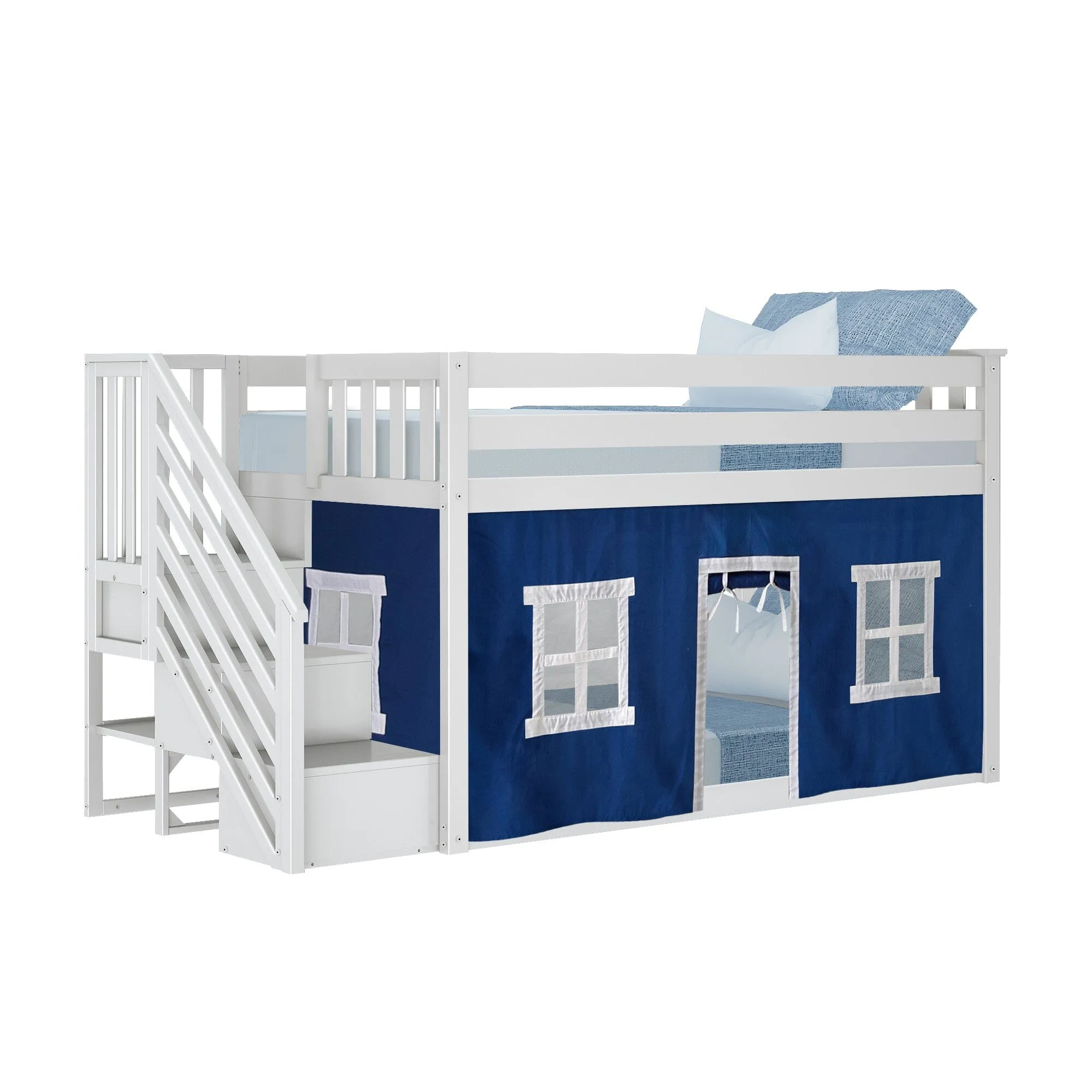 Twin Over Twin Low Bunk Bed With Curtain & Stairs