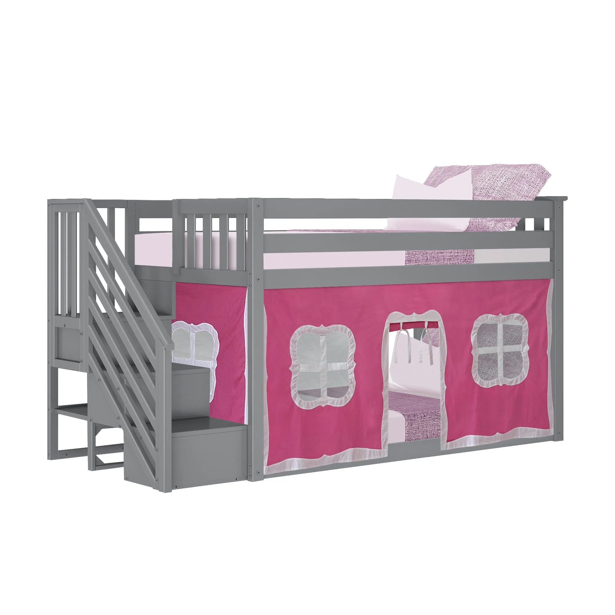 Twin Over Twin Low Bunk Bed With Curtain & Stairs