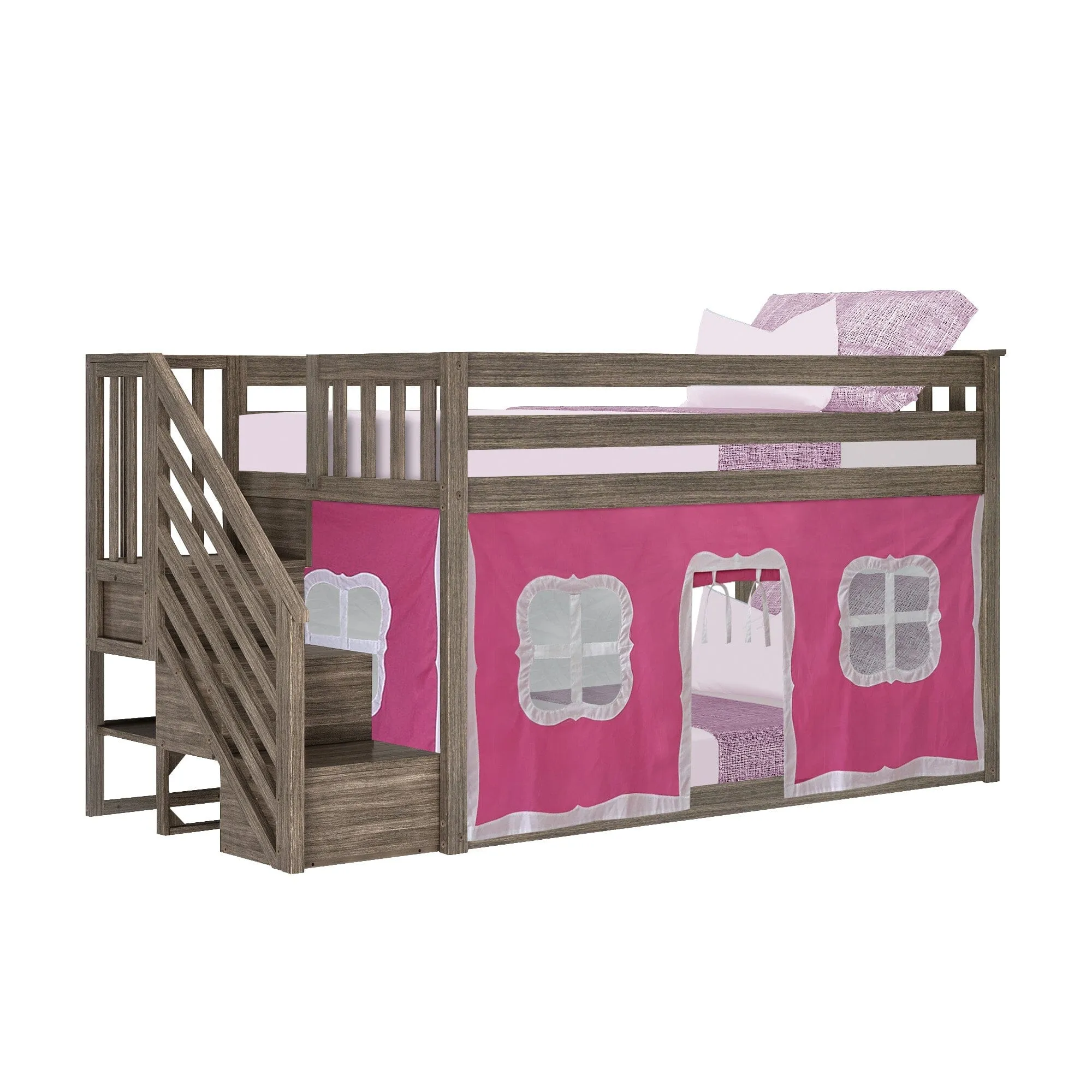 Twin Over Twin Low Bunk Bed With Curtain & Stairs