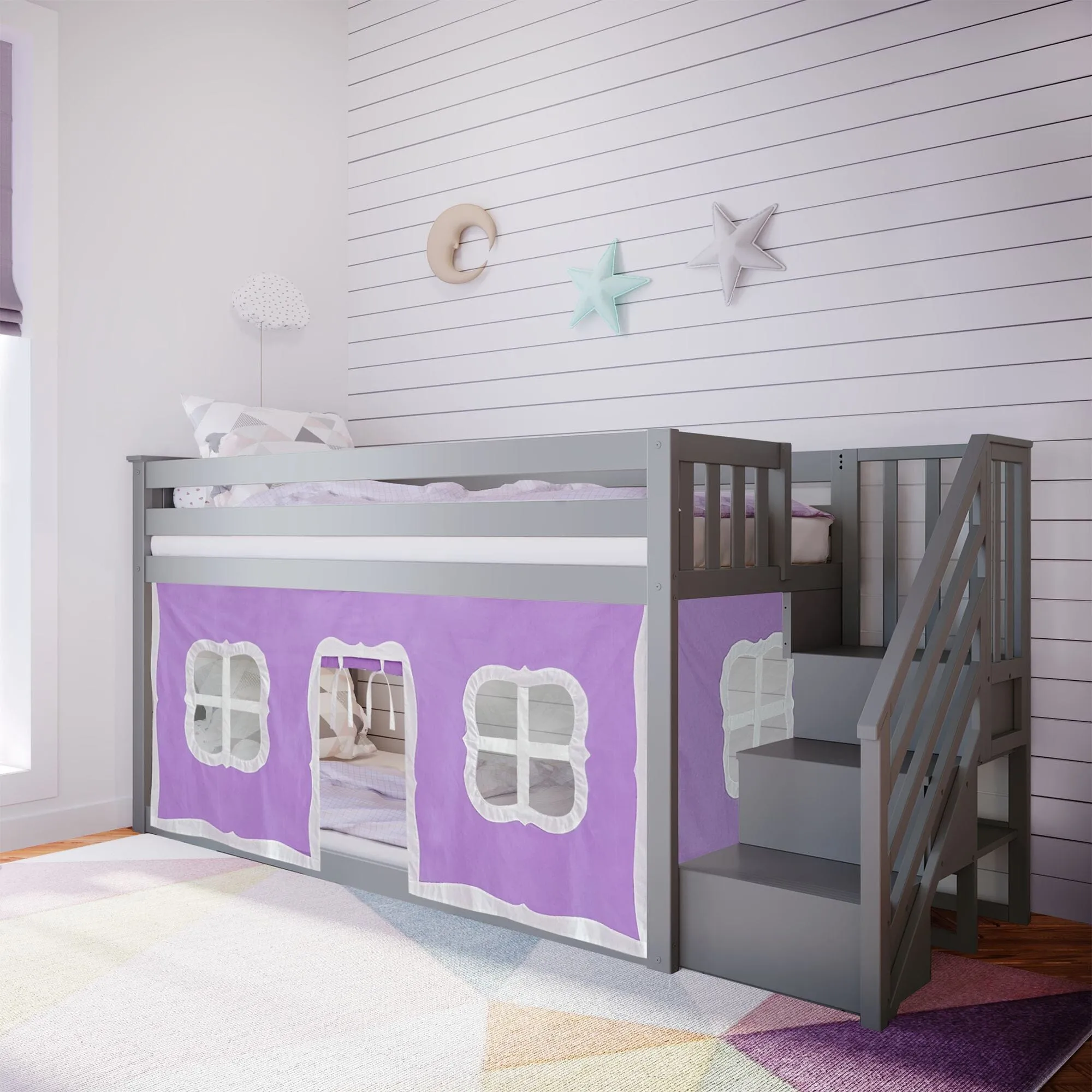 Twin Over Twin Low Bunk Bed With Curtain & Stairs