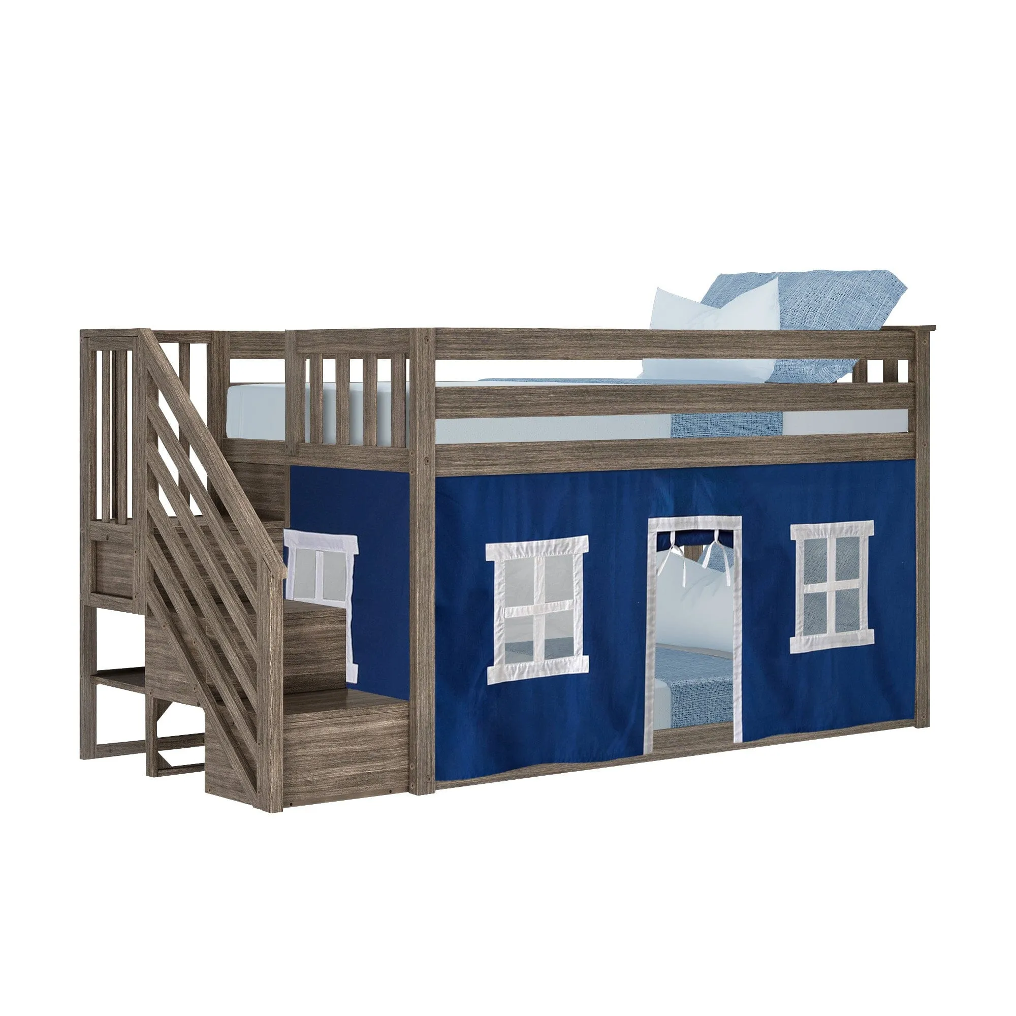 Twin Over Twin Low Bunk Bed With Curtain & Stairs