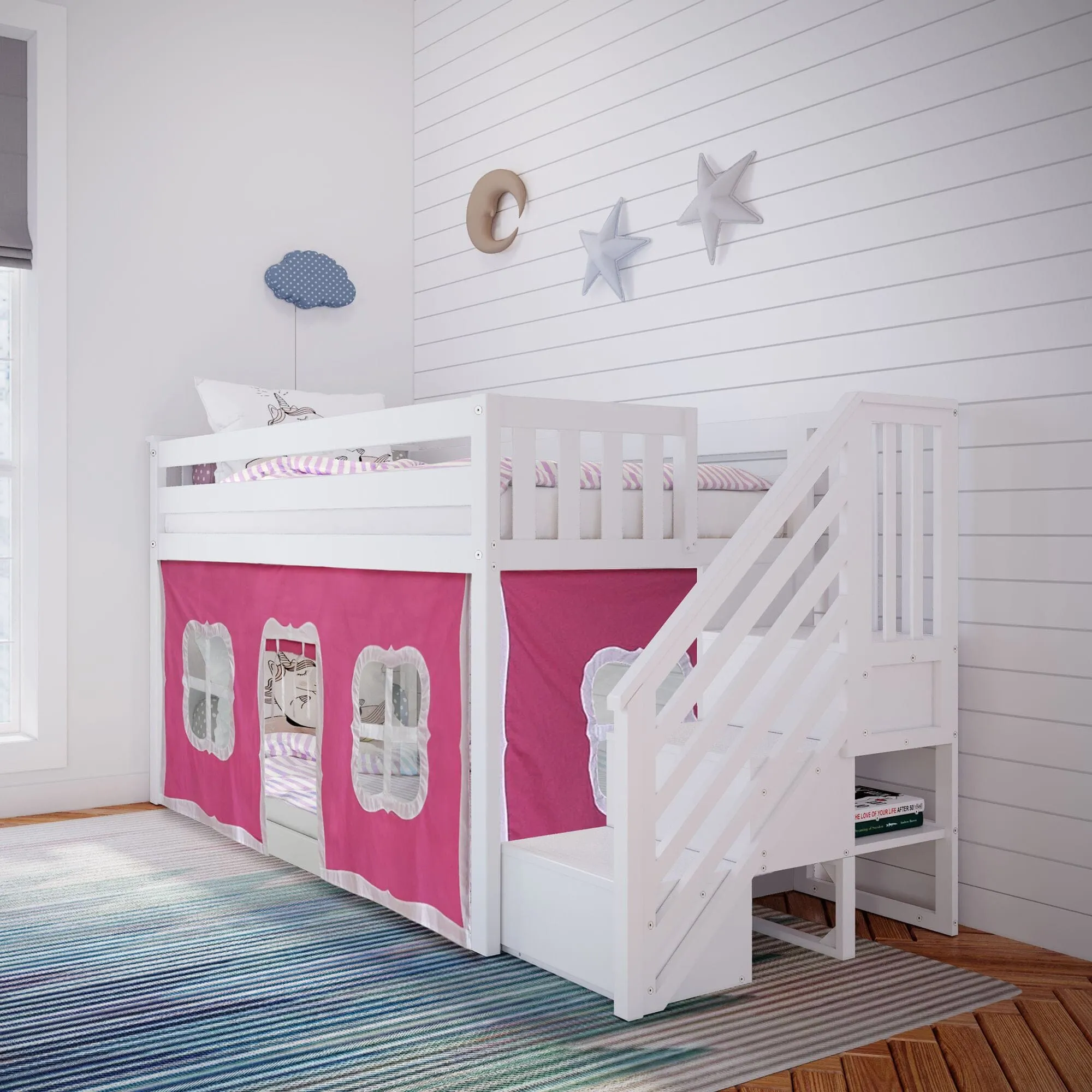 Twin Over Twin Low Bunk Bed With Curtain & Stairs