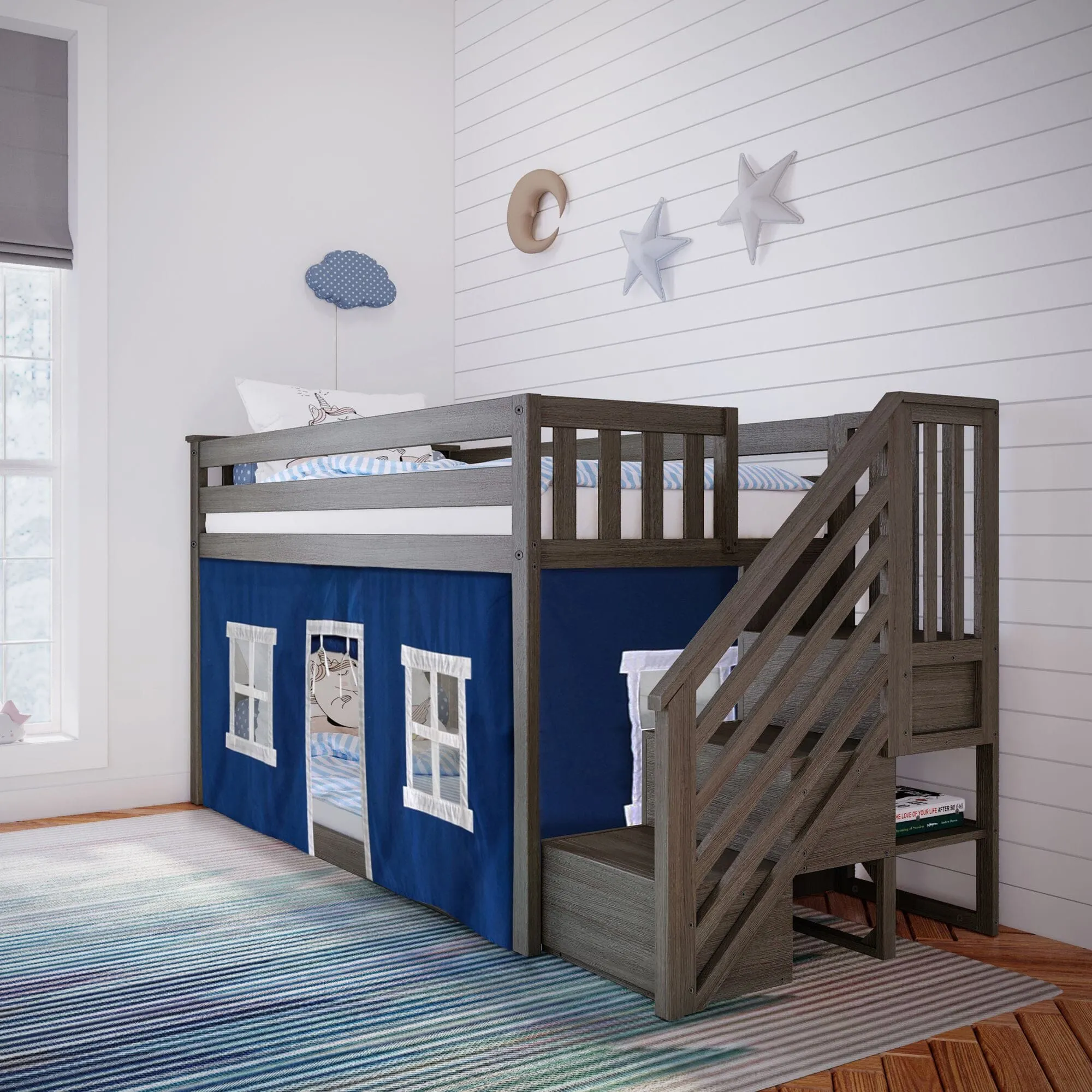 Twin Over Twin Low Bunk Bed With Curtain & Stairs