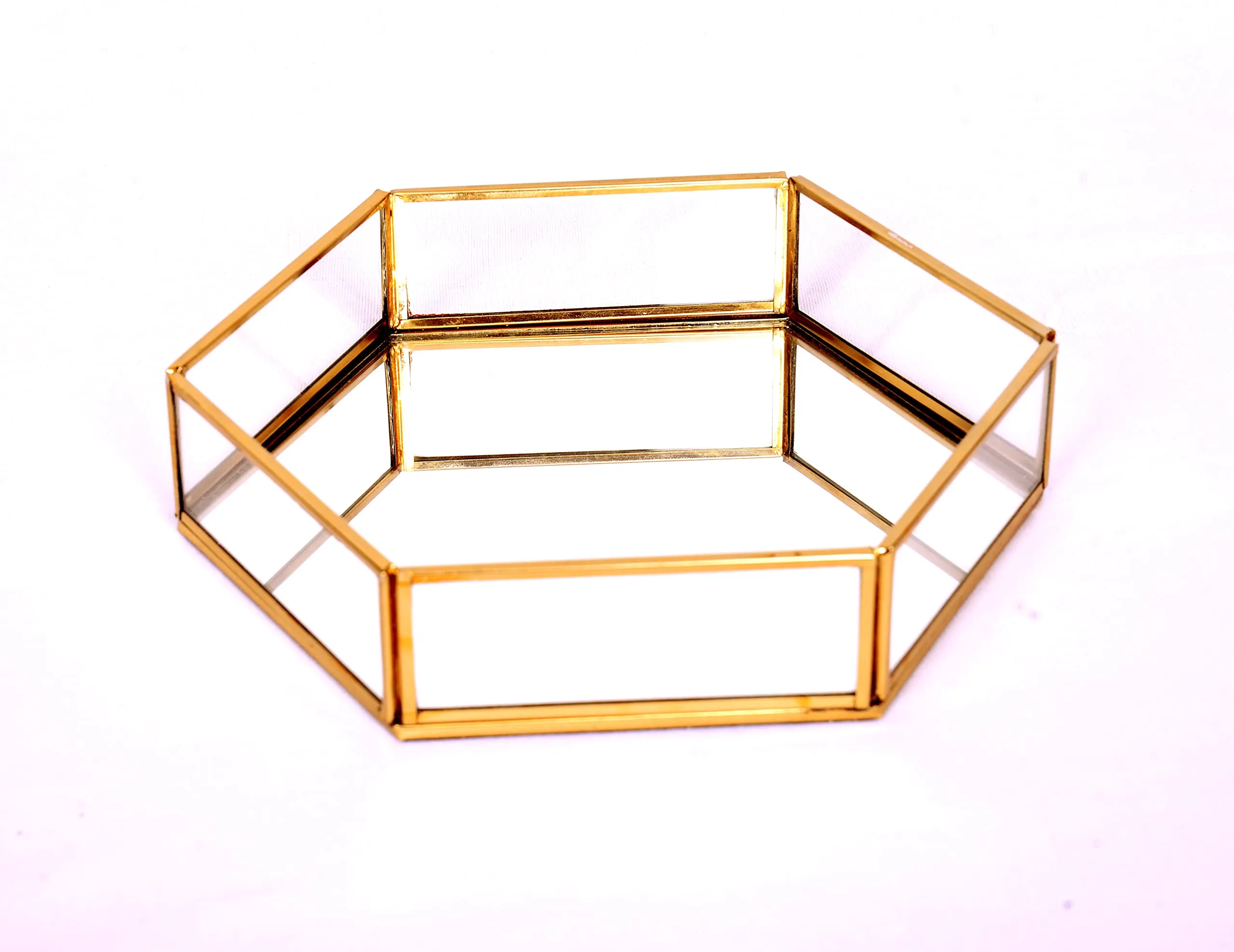 Unique Hexagon Glass with Brass Rim Mirror Base Vanity Makeup Tray for Home Decor ( Medium, Golden)