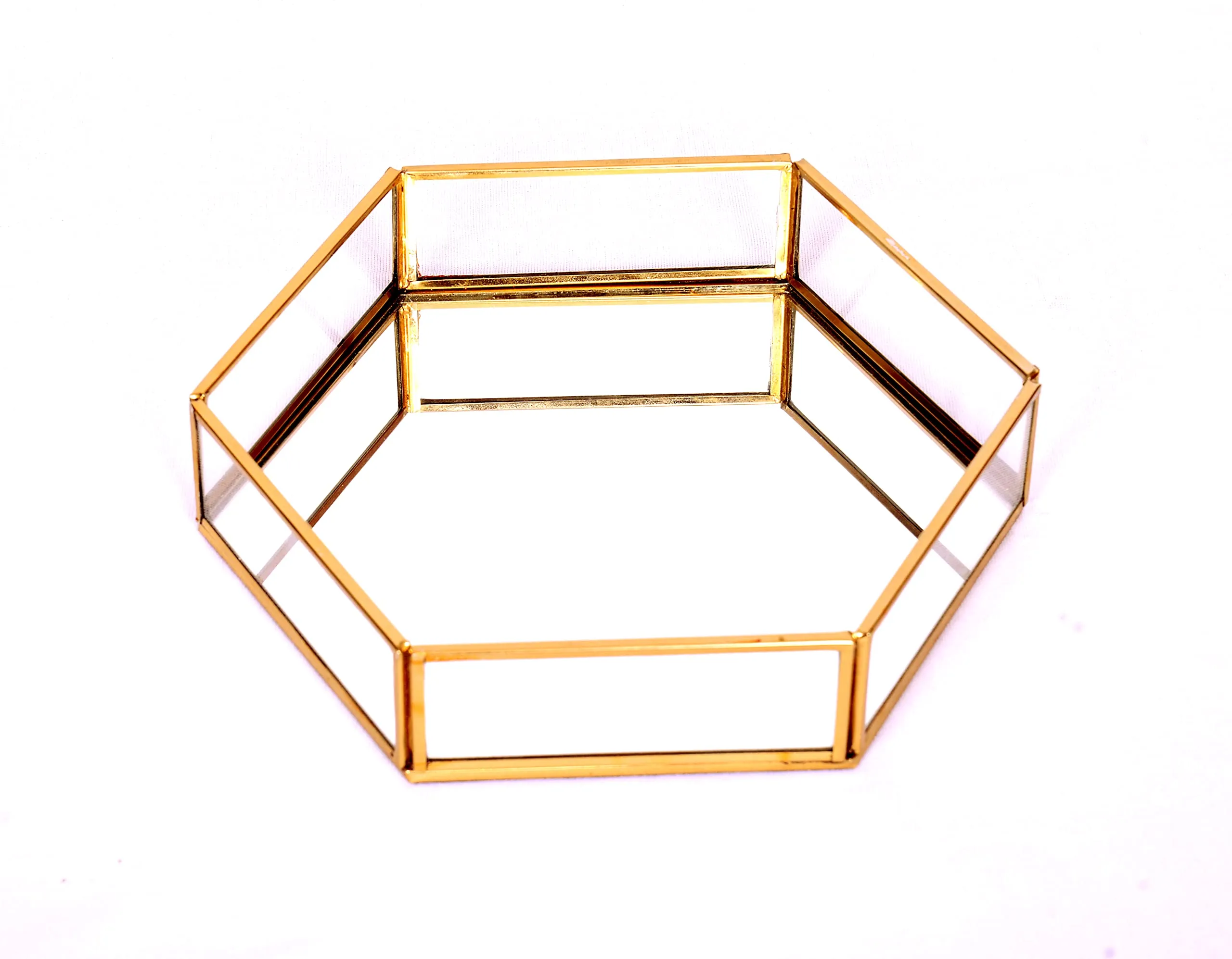 Unique Hexagon Glass with Brass Rim Mirror Base Vanity Makeup Tray for Home Decor ( Medium, Golden)