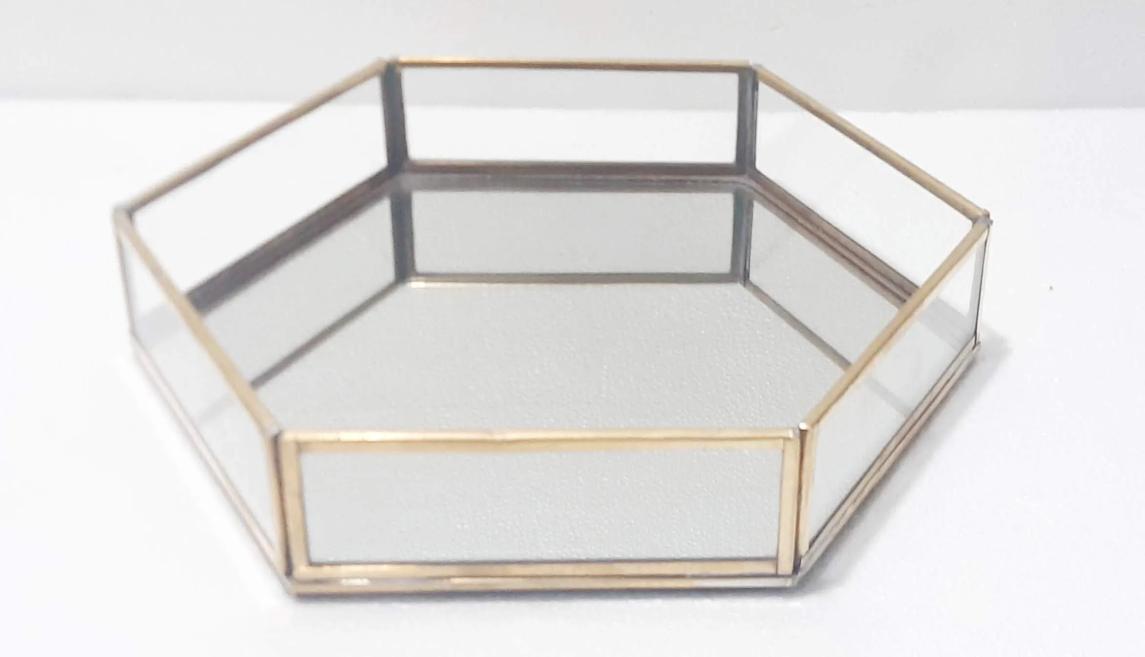 Unique Hexagon Glass with Brass Rim Mirror Base Vanity Makeup Tray for Home Decor ( Medium, Golden)