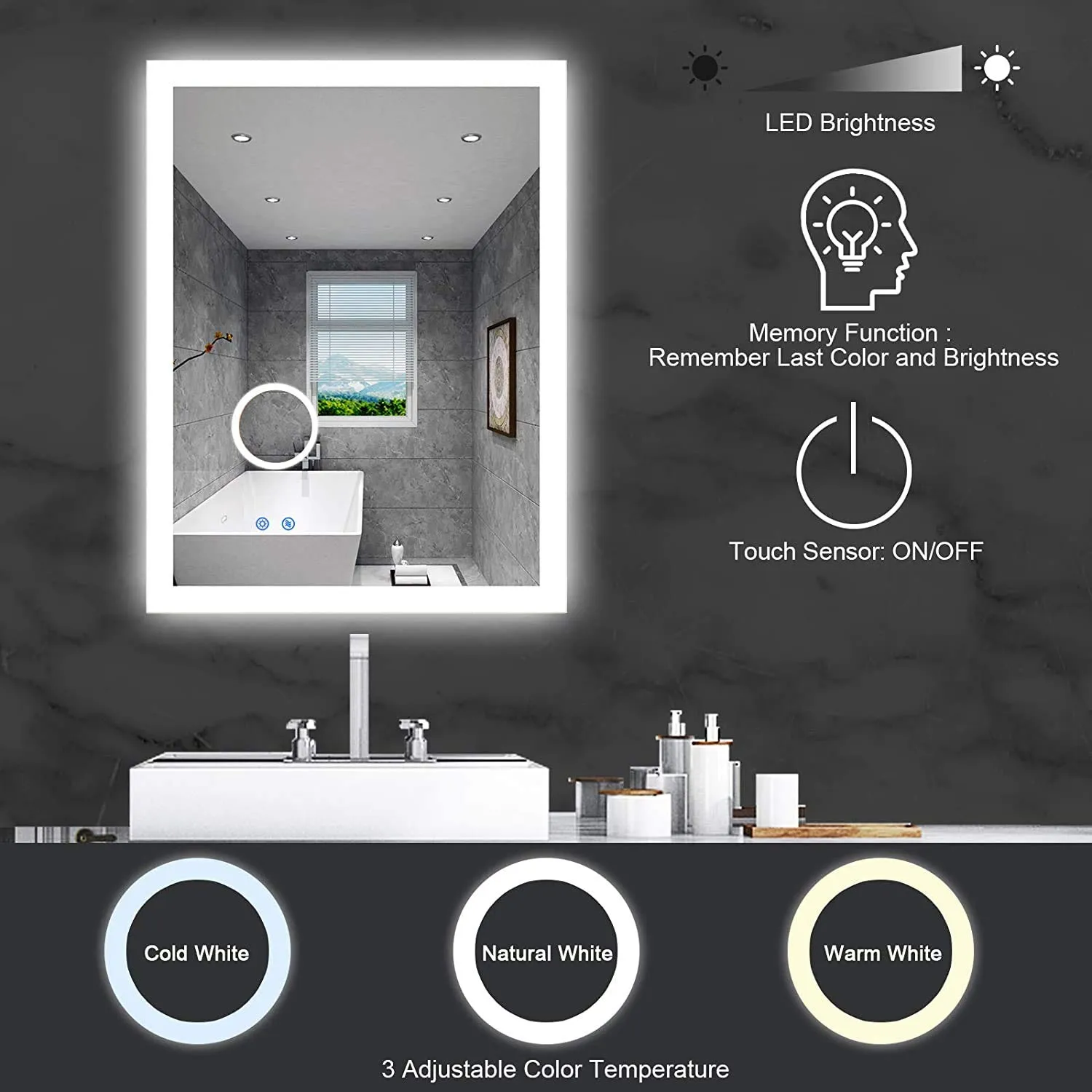 VENETIAN IMAGE LED Backlit Bathroom Mirror Makeup Anti-Fog Mirror with 3 Times Magnifier Dimmable Light with Triple Touch Switch Wall Mounted (Horizontal/Vertical) (32 x 24 Inch)