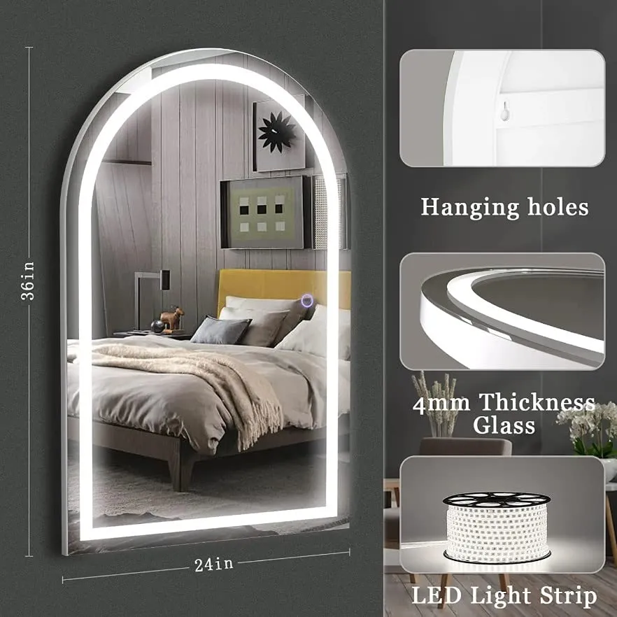 VENETIAN IMAGE White Arched Mirror Full Length, Full Body Mirror with Led Lights Standing Floor Length Mirror, Free Stand Up Tall Mirror, Wall Mounted Lighted Mirror for Bedroom (63" x 22")